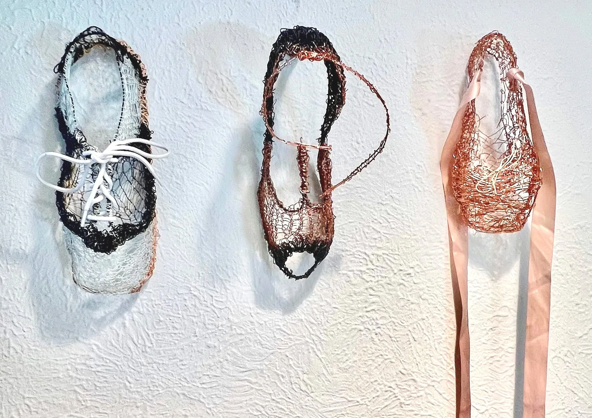 Three Wire Shoes
Wire shoes sculpture needle laced by hand.  Woman’s size 7 (not intended to be worn).
