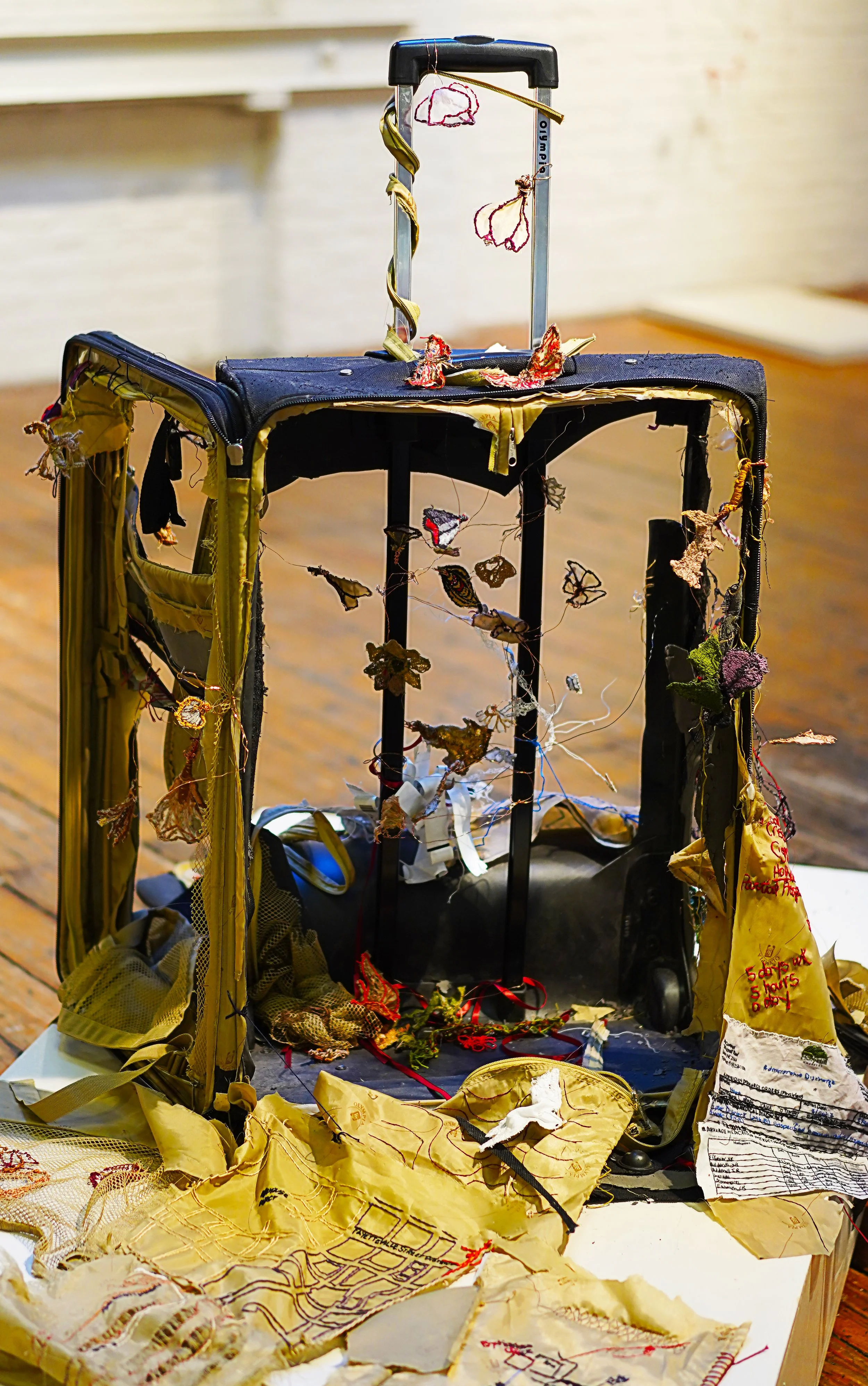 “B ar el y a S ui t case , R al ei gh , 2 0 1 6-2 0 1 8 ”
Deconstructed suitcase with hand embroidered objects.