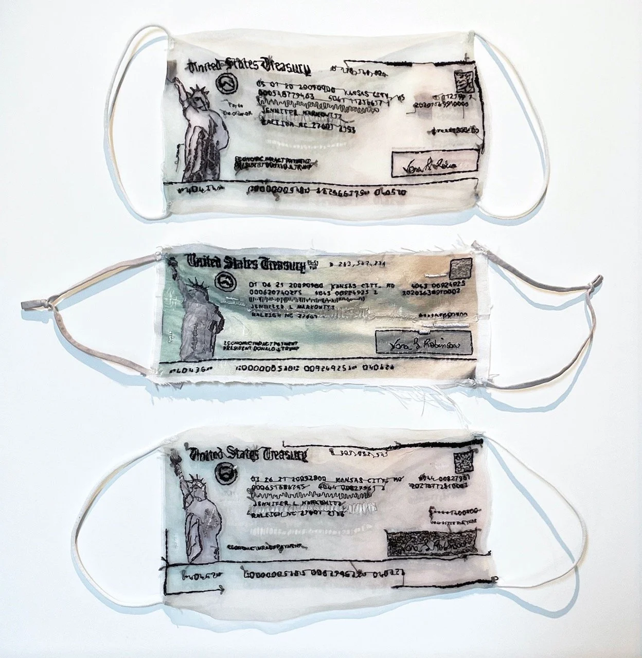 “Stimulus Masks I, II and III”
Hand Embroidered on silk organza, hand sewn face masks using my own Covid stimulus checks as templates. 2x9 inches each. Part of “America 2020 . . . “ Series.