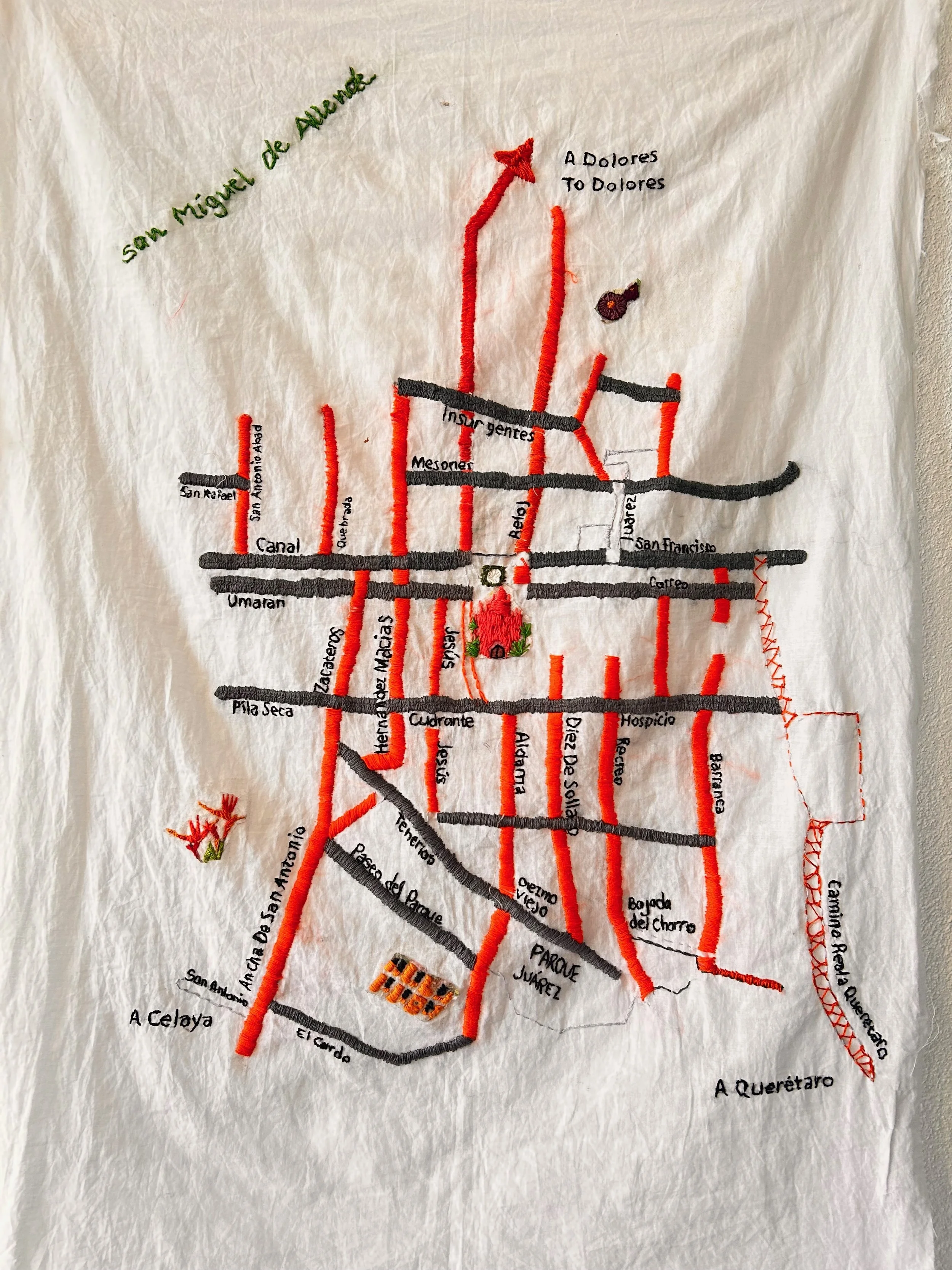 "San Miguel de Allende, Map of Centro"
Hand embroidered on cotton lawn, 11x17 inches.