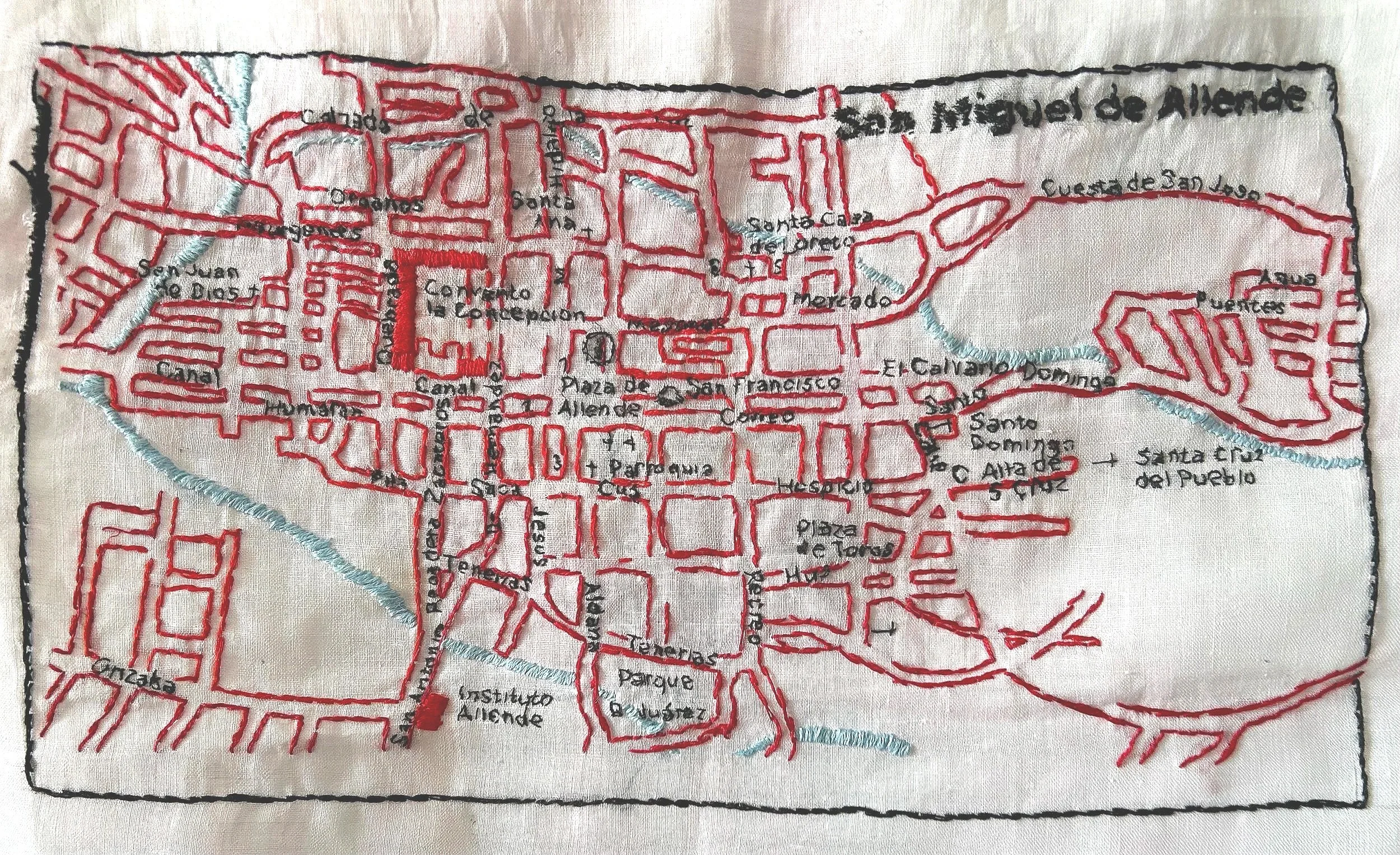 "San Miguel de Allende, Map of Centro"
Hand embroidered on Irish linen, 8x10 inches.