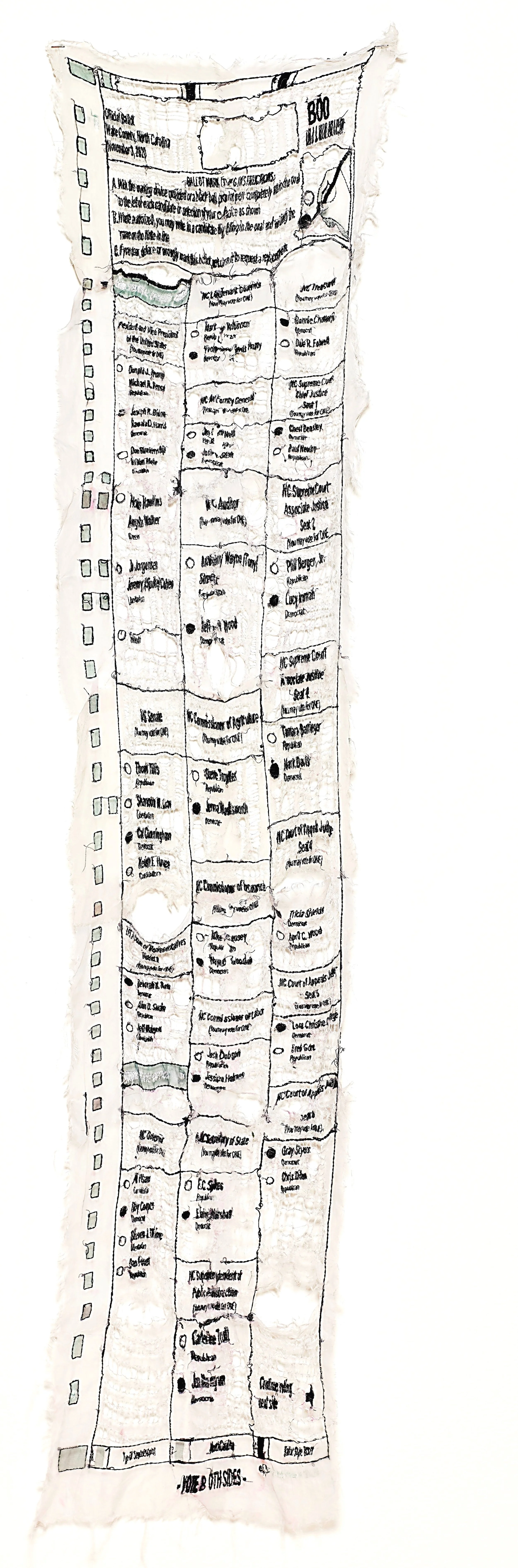 "My Ballot, My America, 2020"
Hand embroidered on silk organza using my own 2020 ballot as a template.  24 x 60 inches.