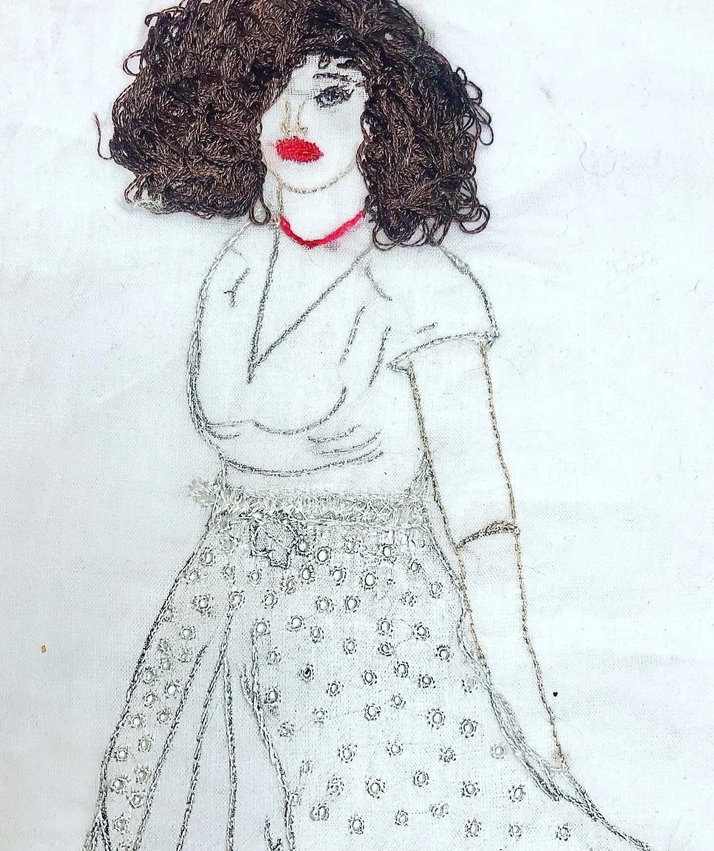 Woman in White Dress 
Embroidery on cotton voile, 8×10 inches.