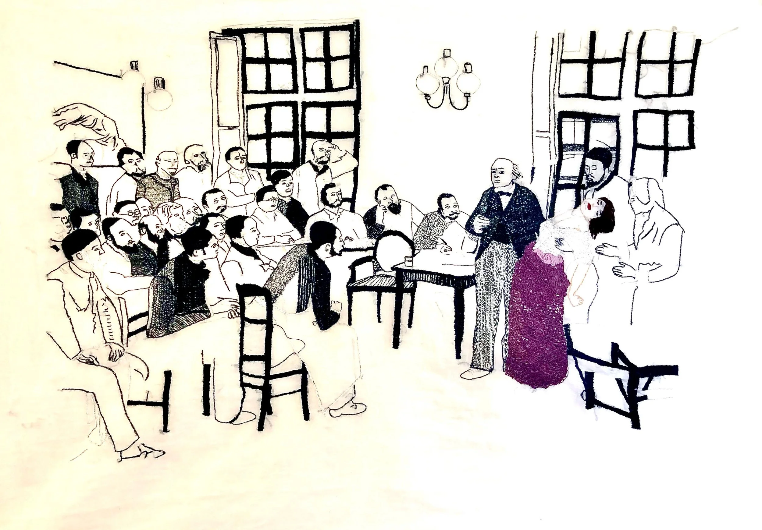 "The Examination" Hand embroidered on cotton voile. Inspired by 1887 drawing by Pierre Andre Brouillet titled “A clinical lecture by Dr. Charcot at the Salpetriere”. 20×40 inches.