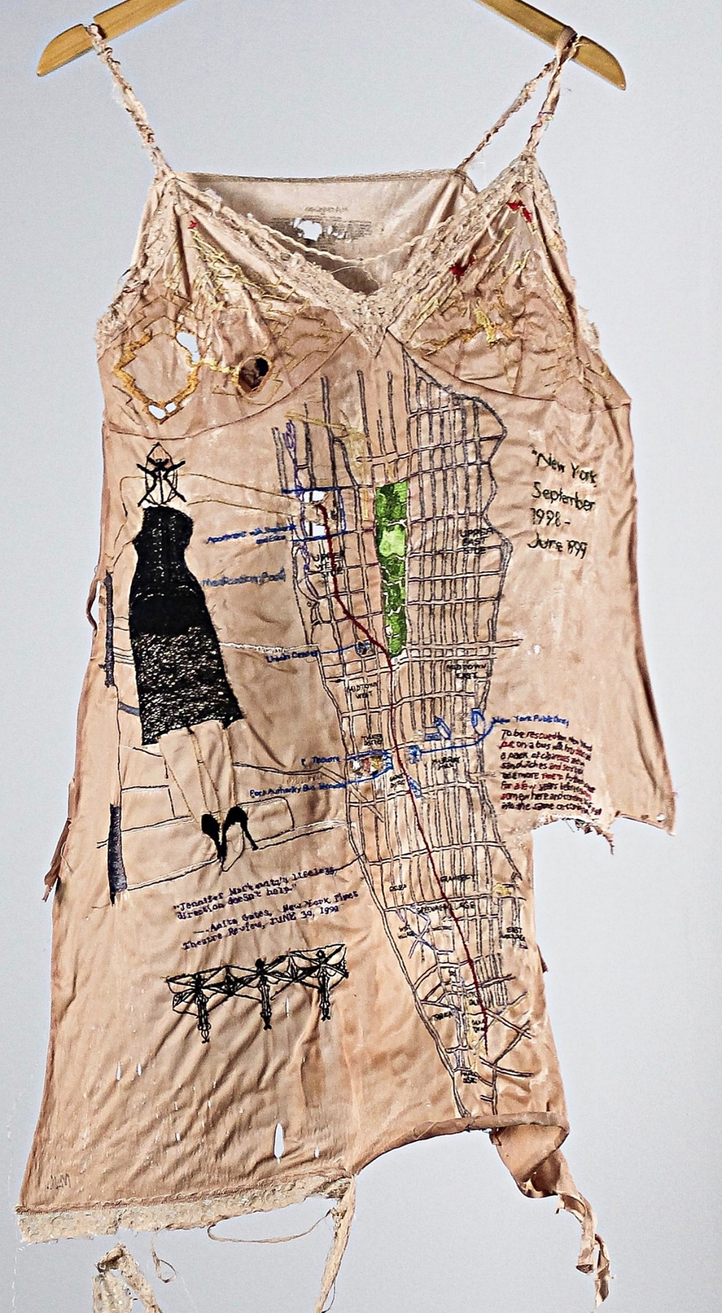 " N ew Y ork , S e pt emb er 1 9 9 8-F eb ruar y 1 9 9 9" [FRONT] 
Hand embroidery on deconstructed nylon slip. 36 x 14 x 2 inches.