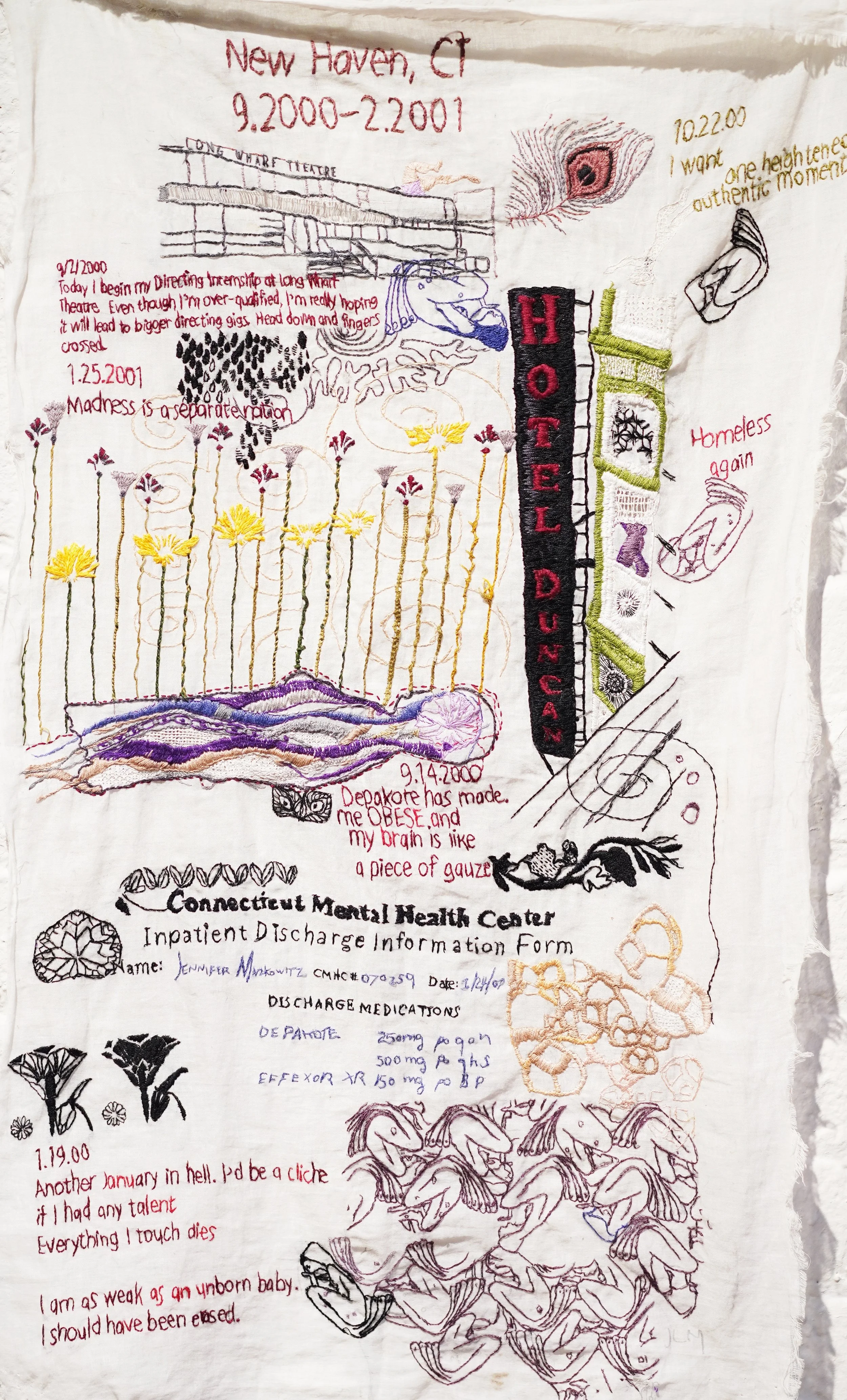 " N ew H a v en C T , S e pt emb er 2 0 0 0-F eb ruar y 2 0 0 1"
Hand embroidery on cotton voile.