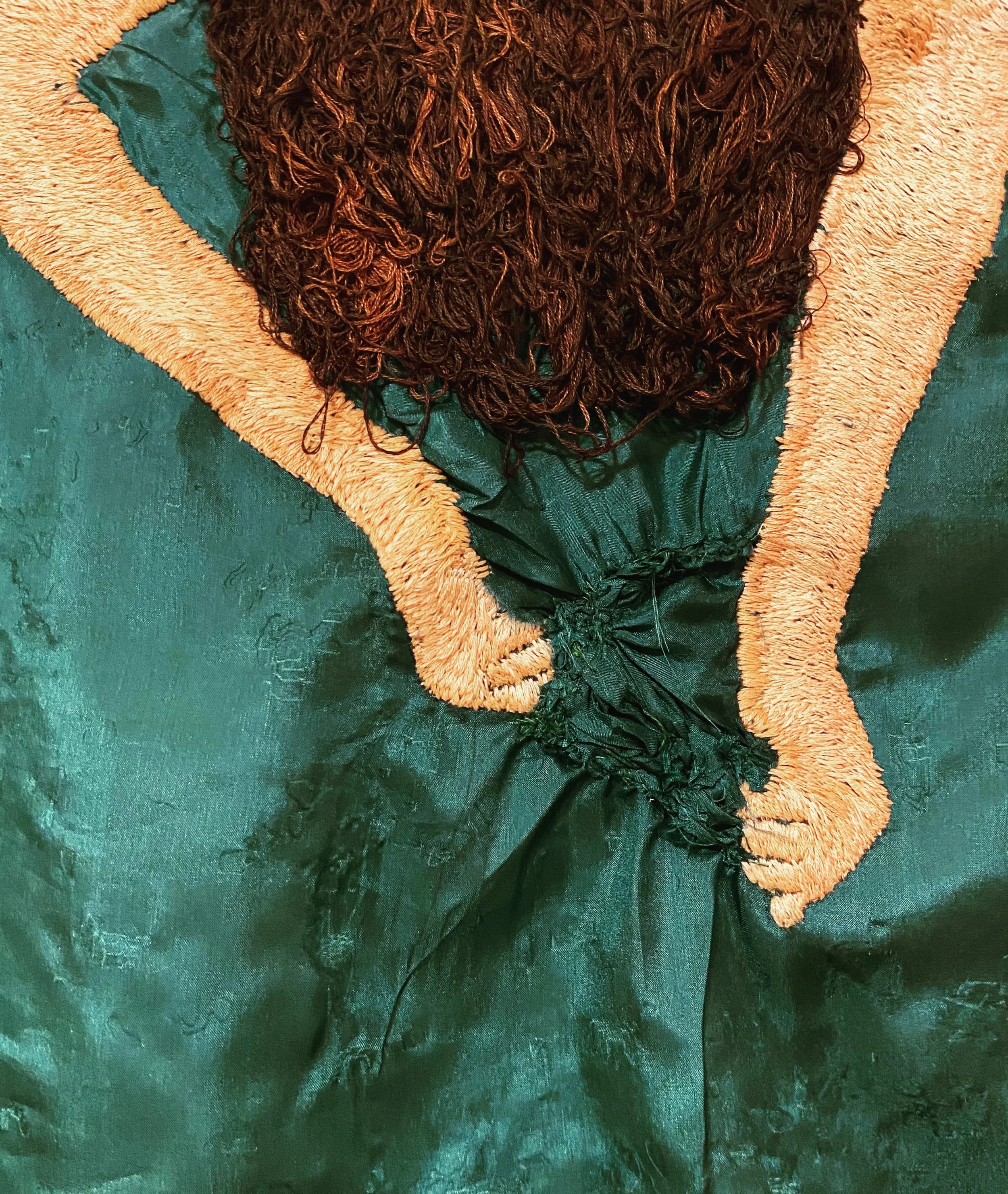 Half on the Bed
Embroidery on silk, 11×17 inches.