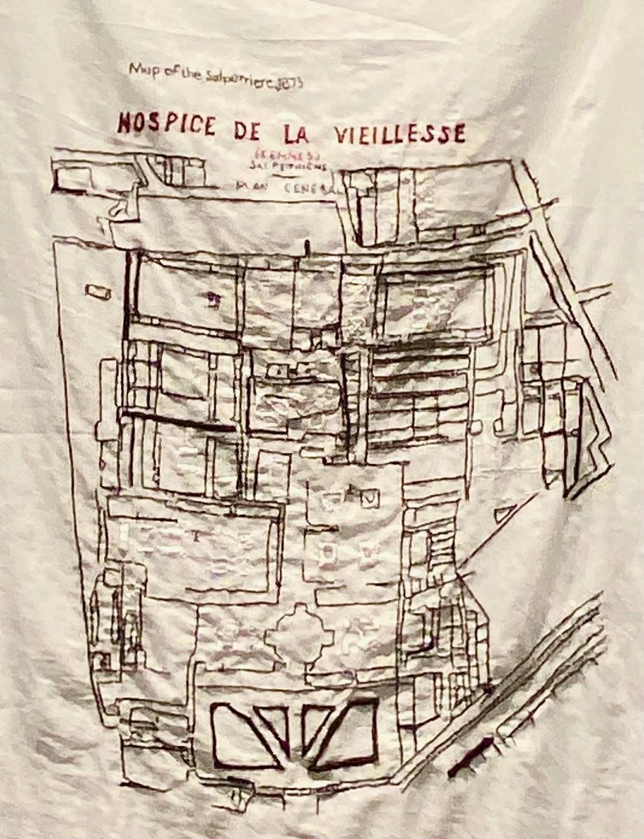 “Map of New Neurology Ward”
Hand embroidered on cotton voile. Inspired by diagram by Jean-Martin Charcot.