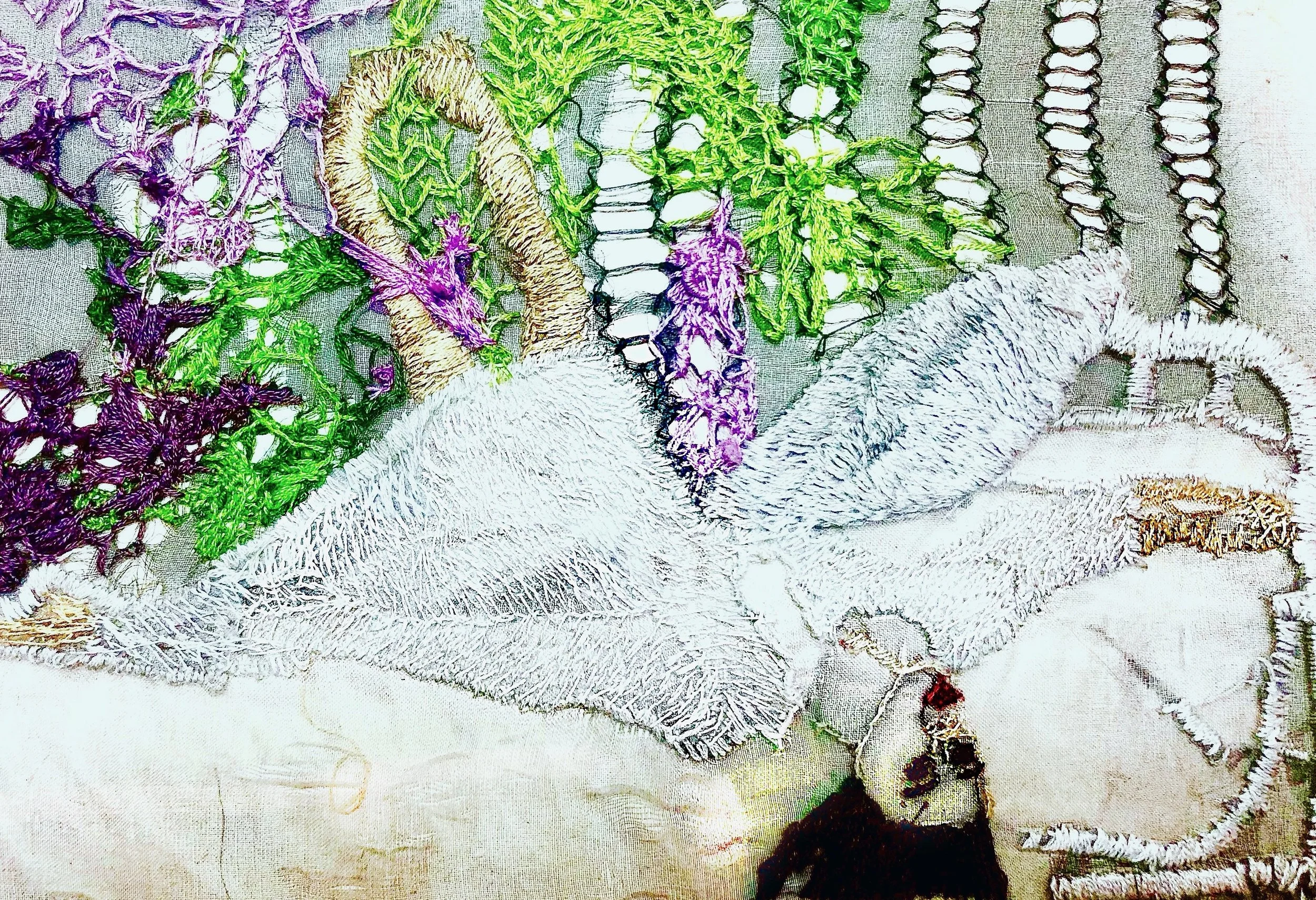 Girl Pulled Through Wall by a Garden
Embroidery on silk organza, 8x10 inches.