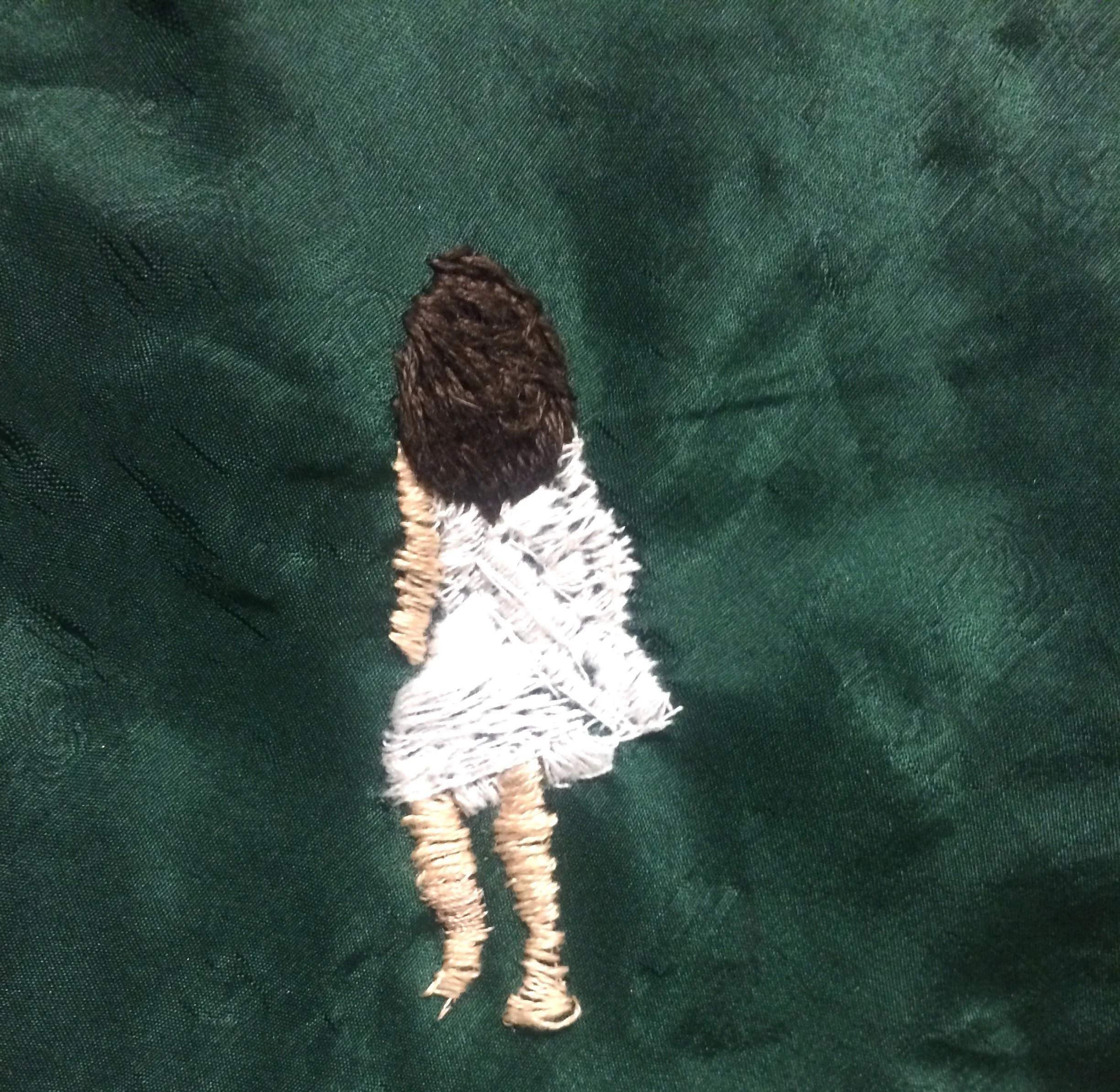 Girl Running into Green Night
Embroidery on silk, 8×10 inches.