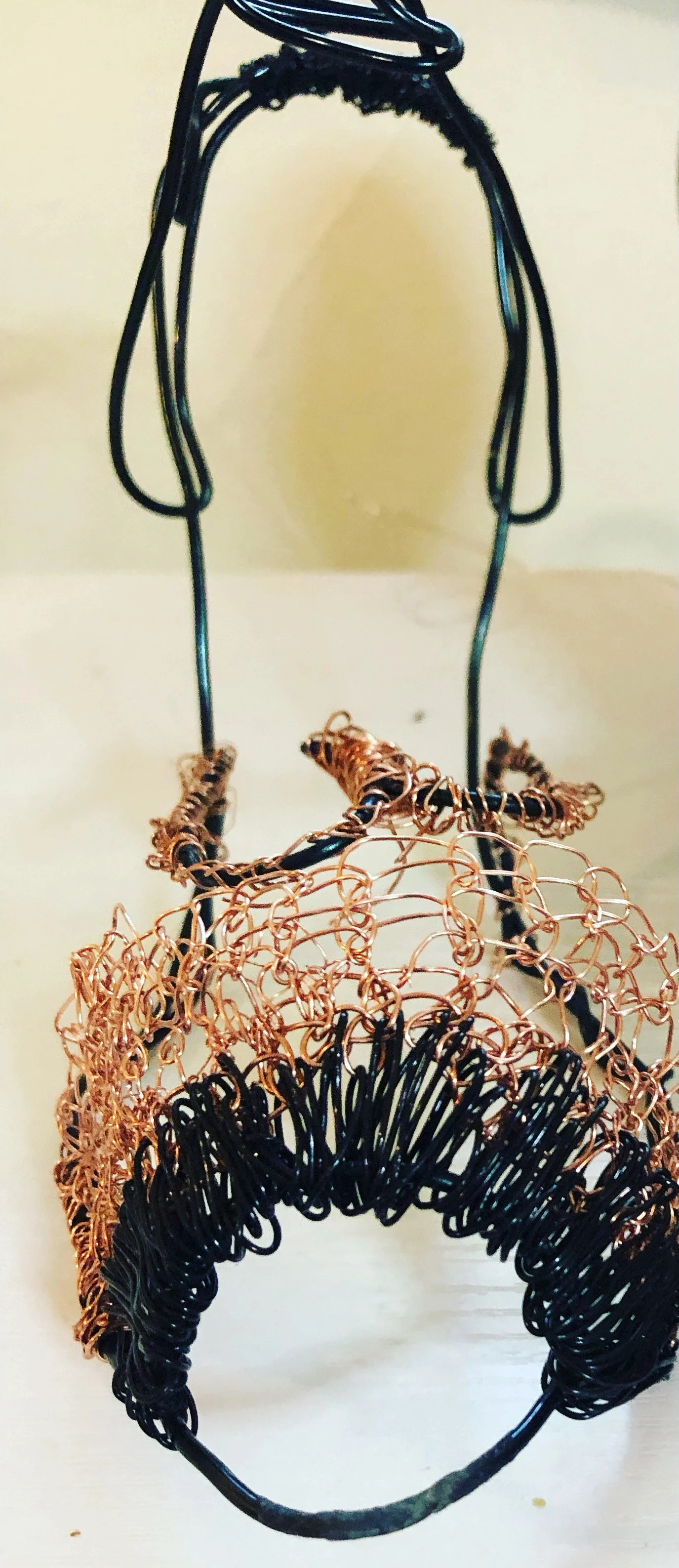 Wire Stiletto 
Stiletto shoe sculpture needle laced by hand. Woman’s size 7 (not intended to be worn).