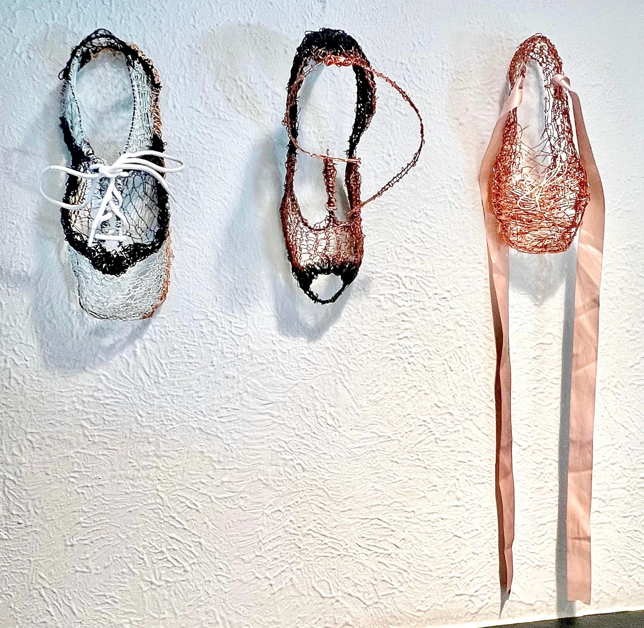 Three Wire Shoes 
Wire shoes sculpture needle laced by hand. Woman’s size 7 (not intended to be worn).
