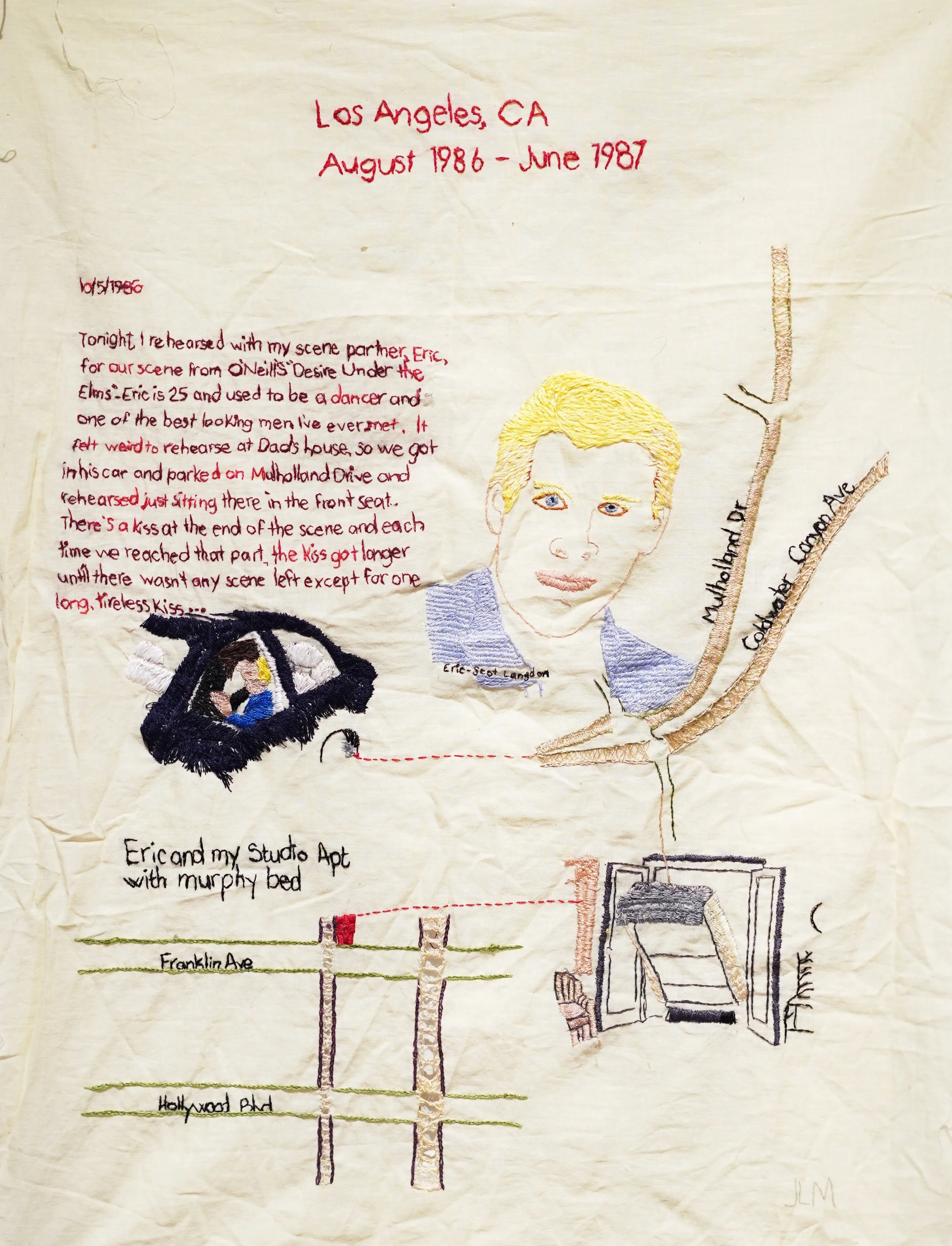" L os A n g el es , S e pt emb er 1 9 8 6-J une 1 9 8 7"
Hand embroidered on cotton lawn.