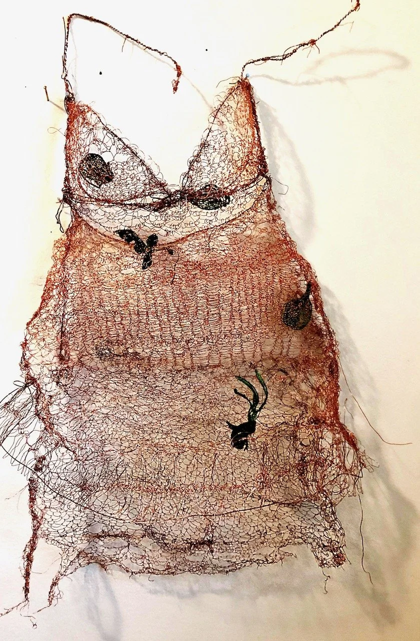 "What's Left of Me"
Copper wire dress sculpture needle laced by hand. 18x35x4..