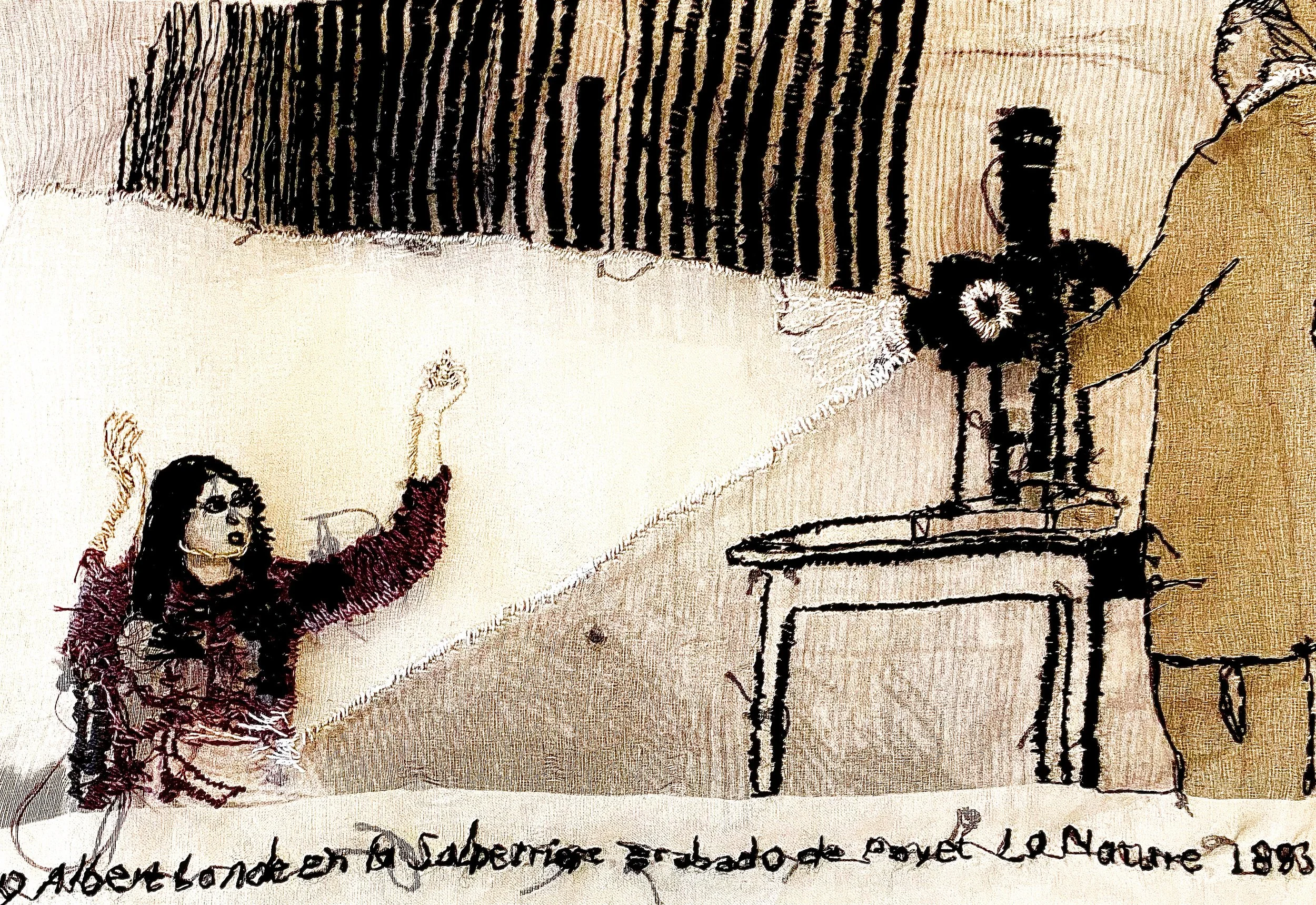 Abstract embroidered artwork depicting a scene with a person raising their arms next to a large machine on a table. The background has vertical lines and there is text at the bottom. The style is textured and tactile.