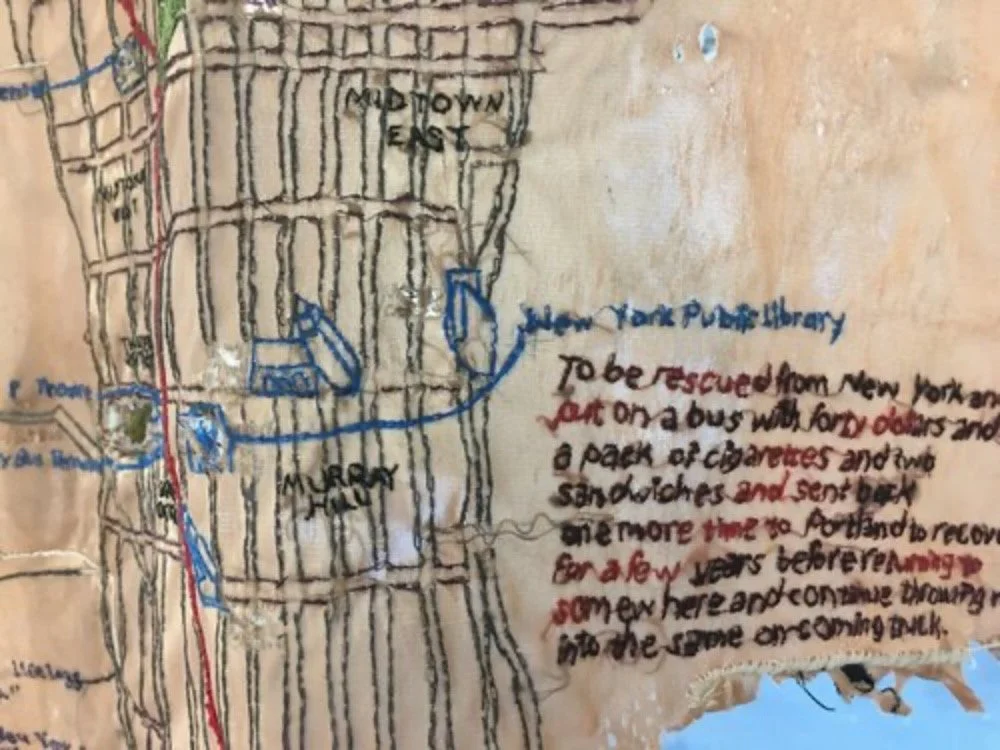 " N ew Y ork , S e pt emb er 1 9 9 8-F eb ruar y 1 9 9 9" [DETAIL]
Hand embroidery on deconstructed nylon slip. 36 x 14 x 2 inches.