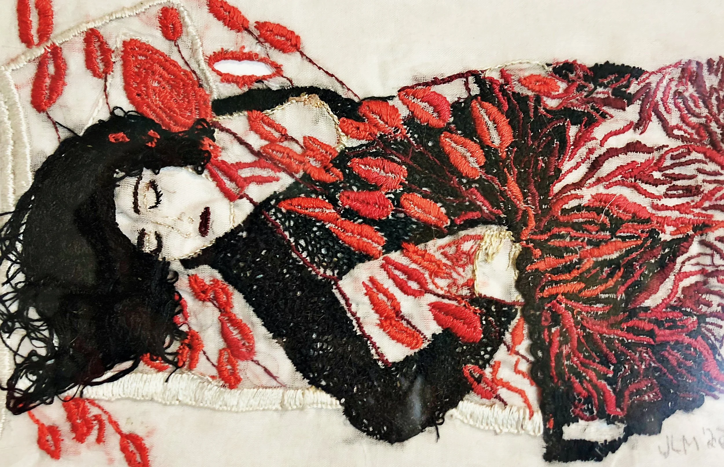 Woman Invaded by Flowers I
Embroidery on cotton voile, 18×20 inches.