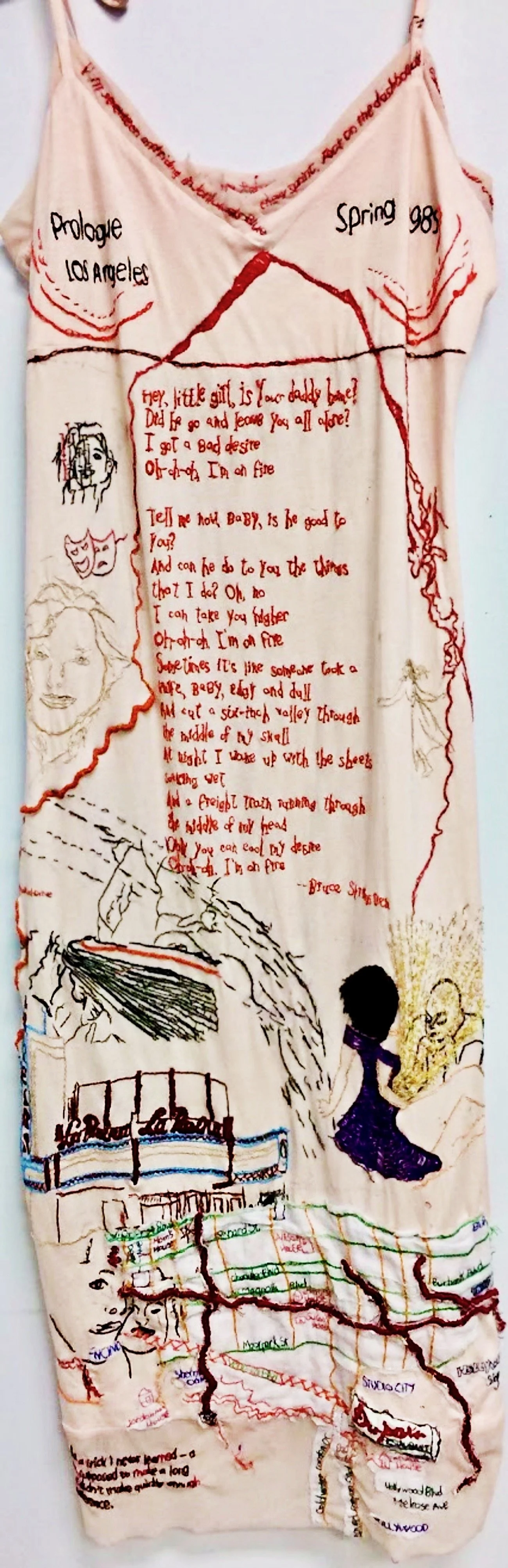 Prologue: Los Angeles, Spring, 1985 [FRONT]
Hand embroidered on deconstructed cotton blend dress, 18x52x1 inches.
