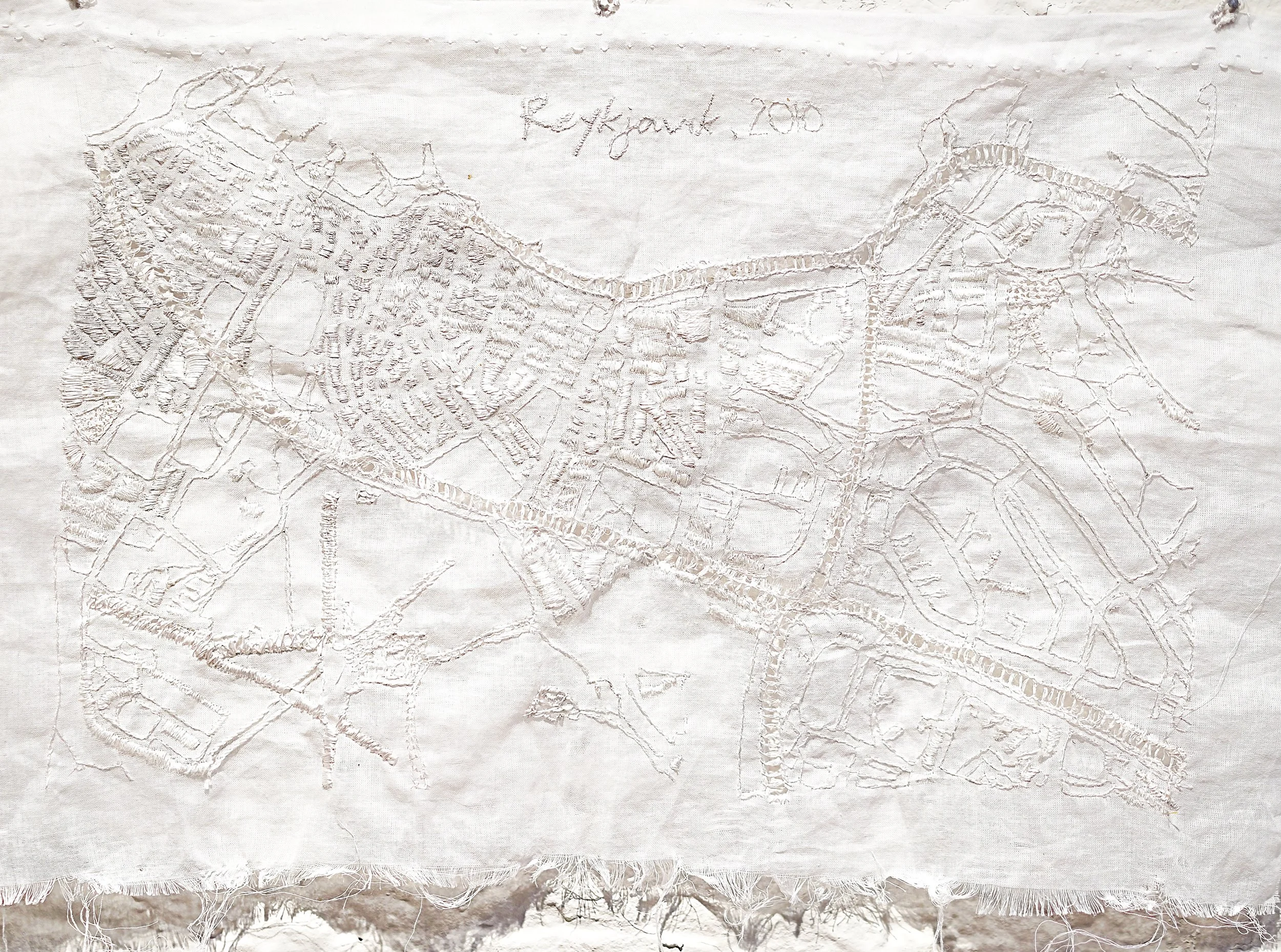 "Iceland, 2010"
Hand embroidered map of Reykjavik, Iceland on cotton voile.