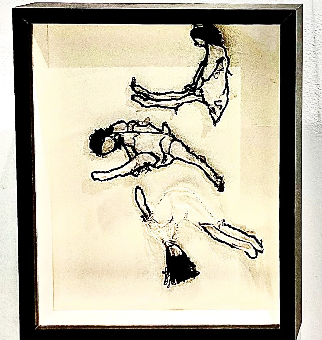 Sketch of three abstract human figures in various poses on a light background, framed.