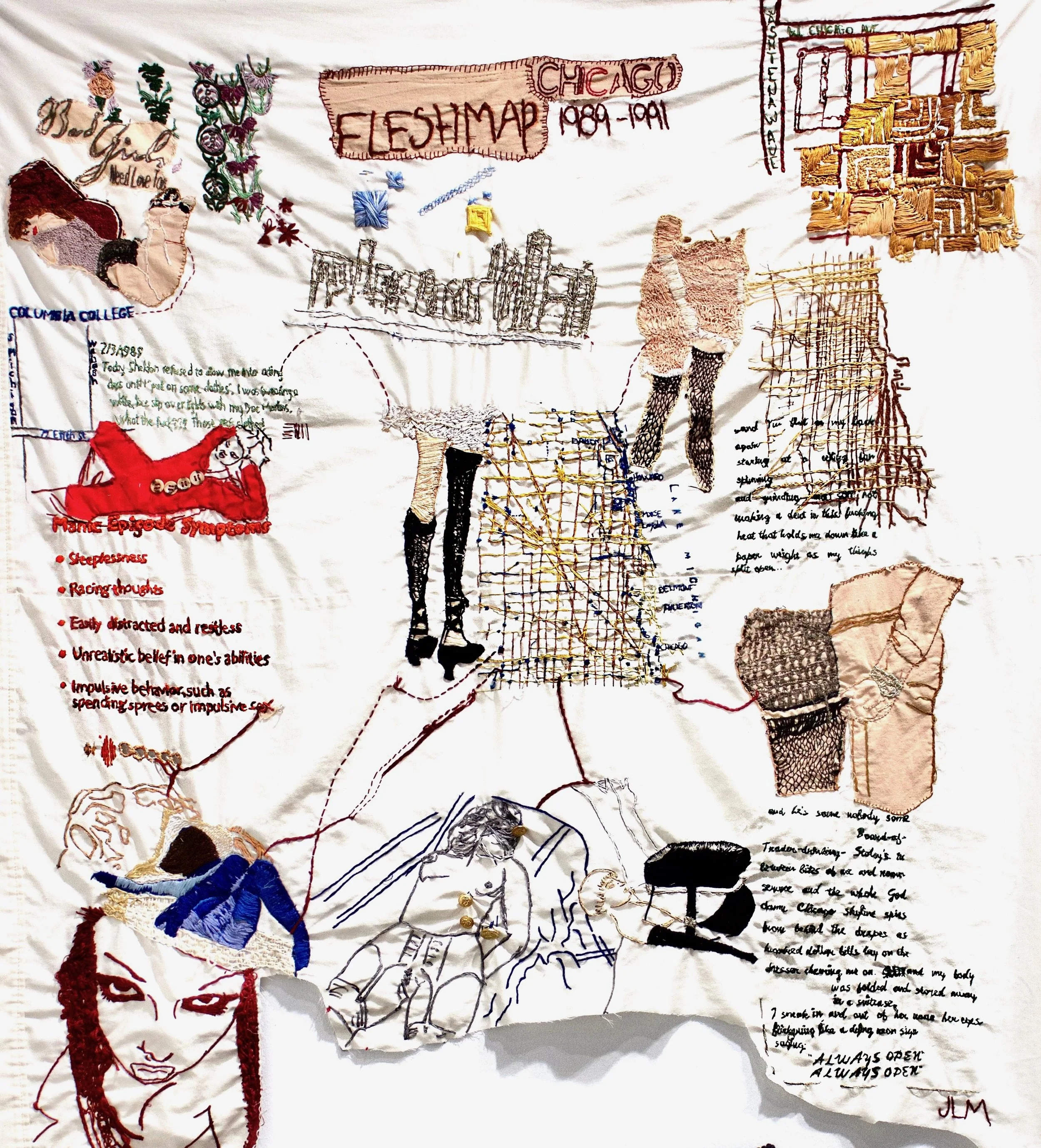 "Chicago 1989-1991"
Hand embroidery on deconstructed cotton pillowcase.