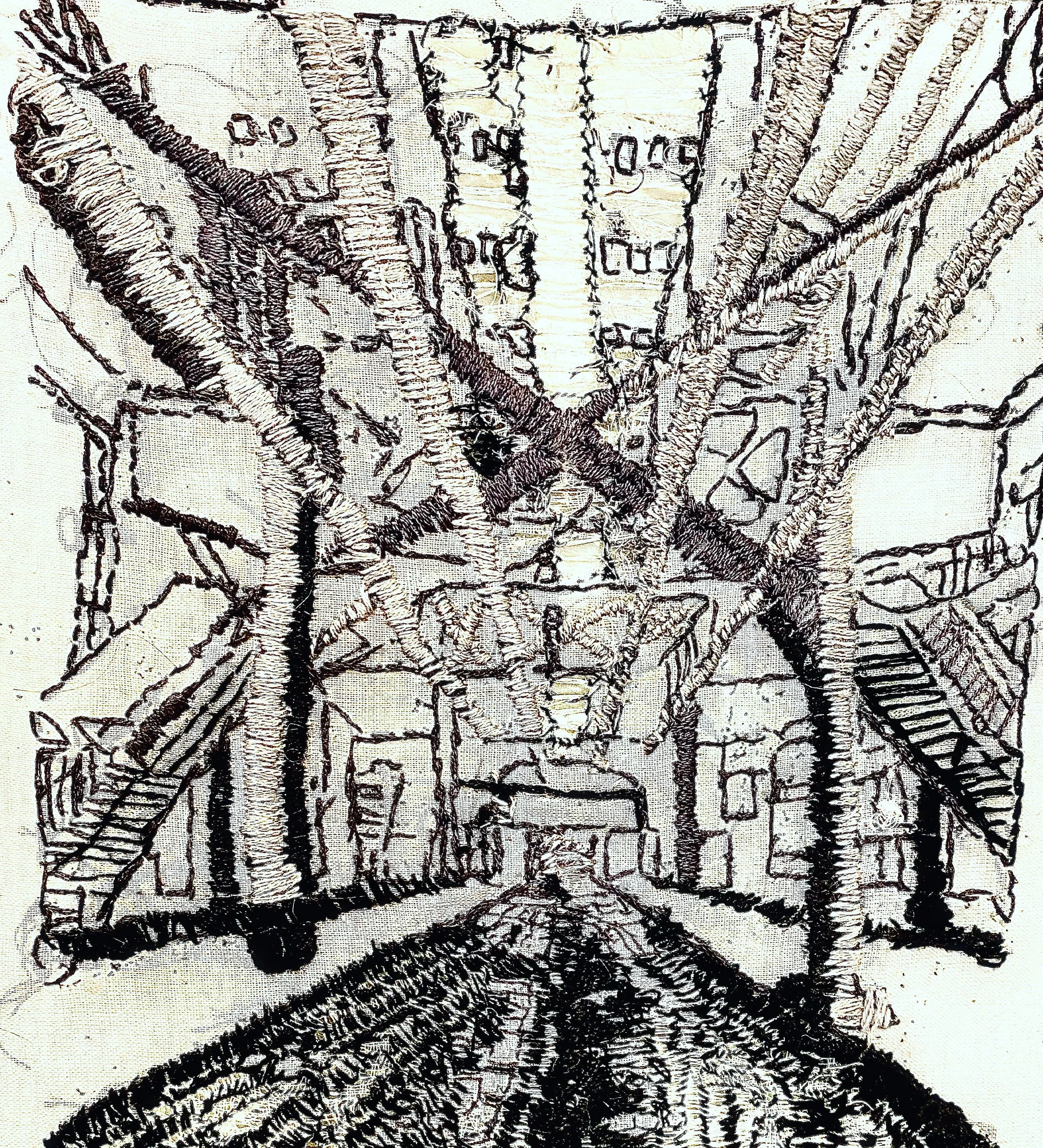 Under the El Tracks 
Embroidery on cotton.  8×10 inches.