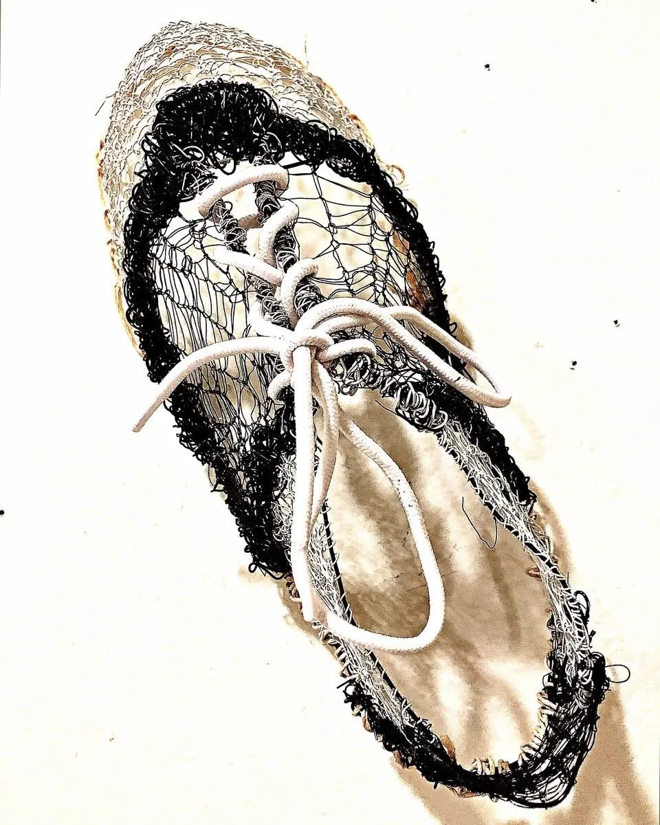 Wire Saddle Shoe
Wire saddle shoe sculpture needle laced by hand.  Woman’s size 7 (not intended to be worn).