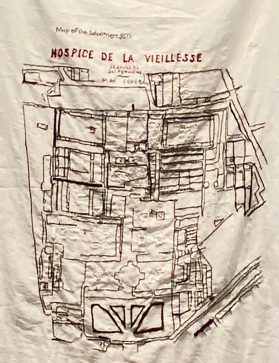 “Map of New Neurology Ward” 
Hand embroidered on cotton voile. Inspired by diagram by Jean-Martin Charcot.