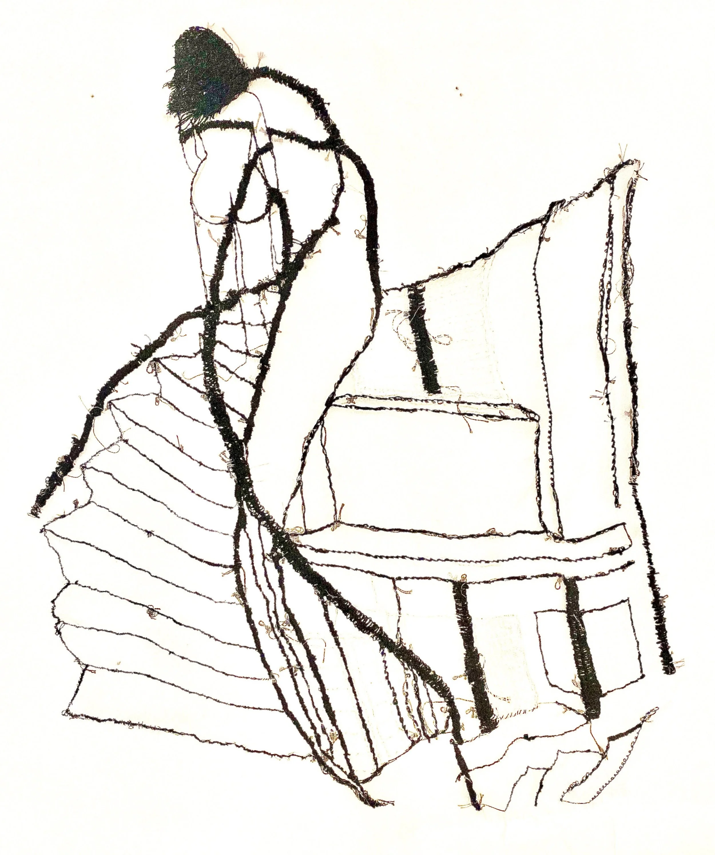 Woman Held Captive by a Staircase
Hand embroidered on silk guaze, 11×17.