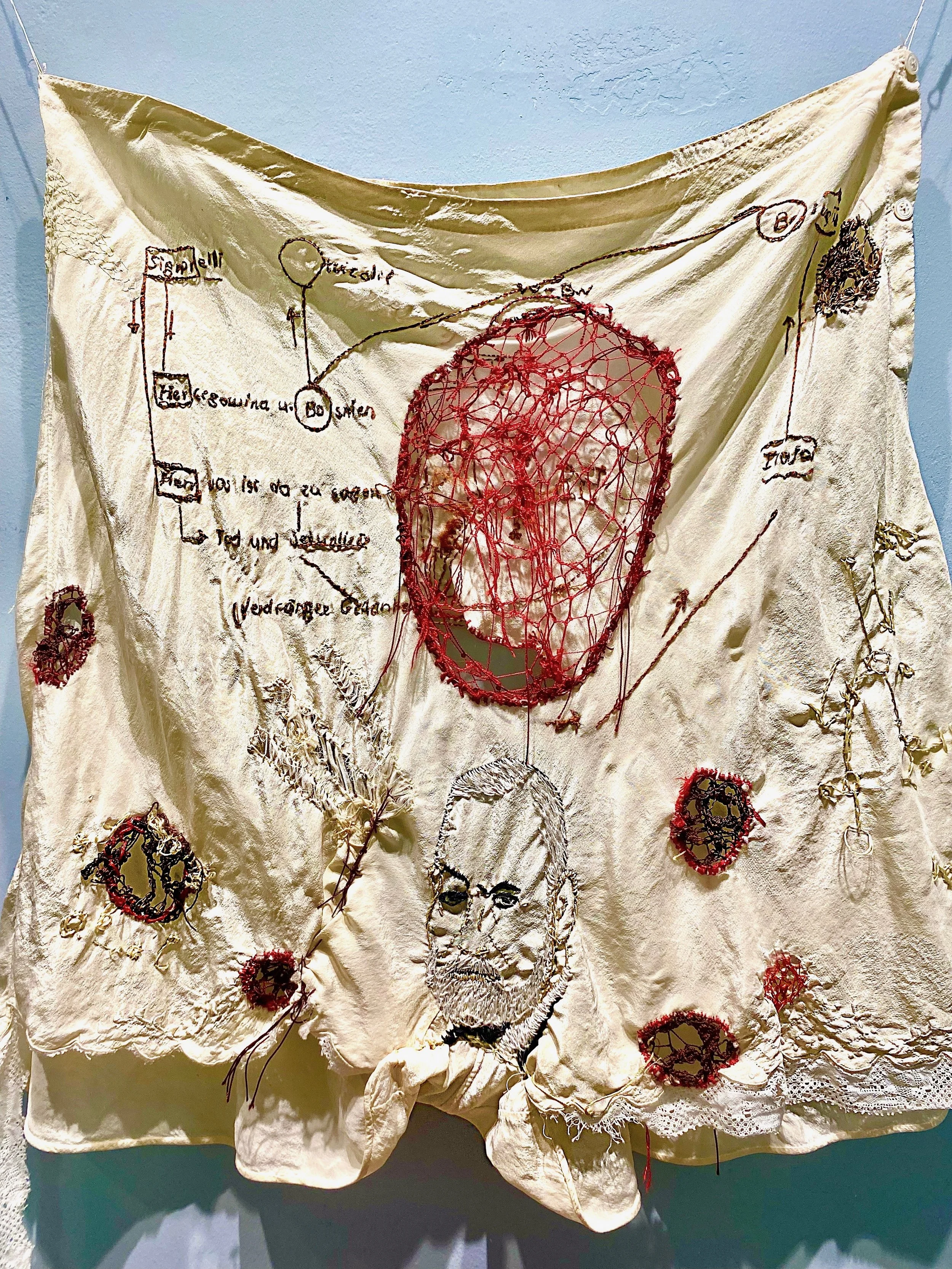 "Dr. Freud's Knickers" 
Hand embroidered on silk, 1930s tap pants.. Text from Freud’s own notes. 12x20 inches.