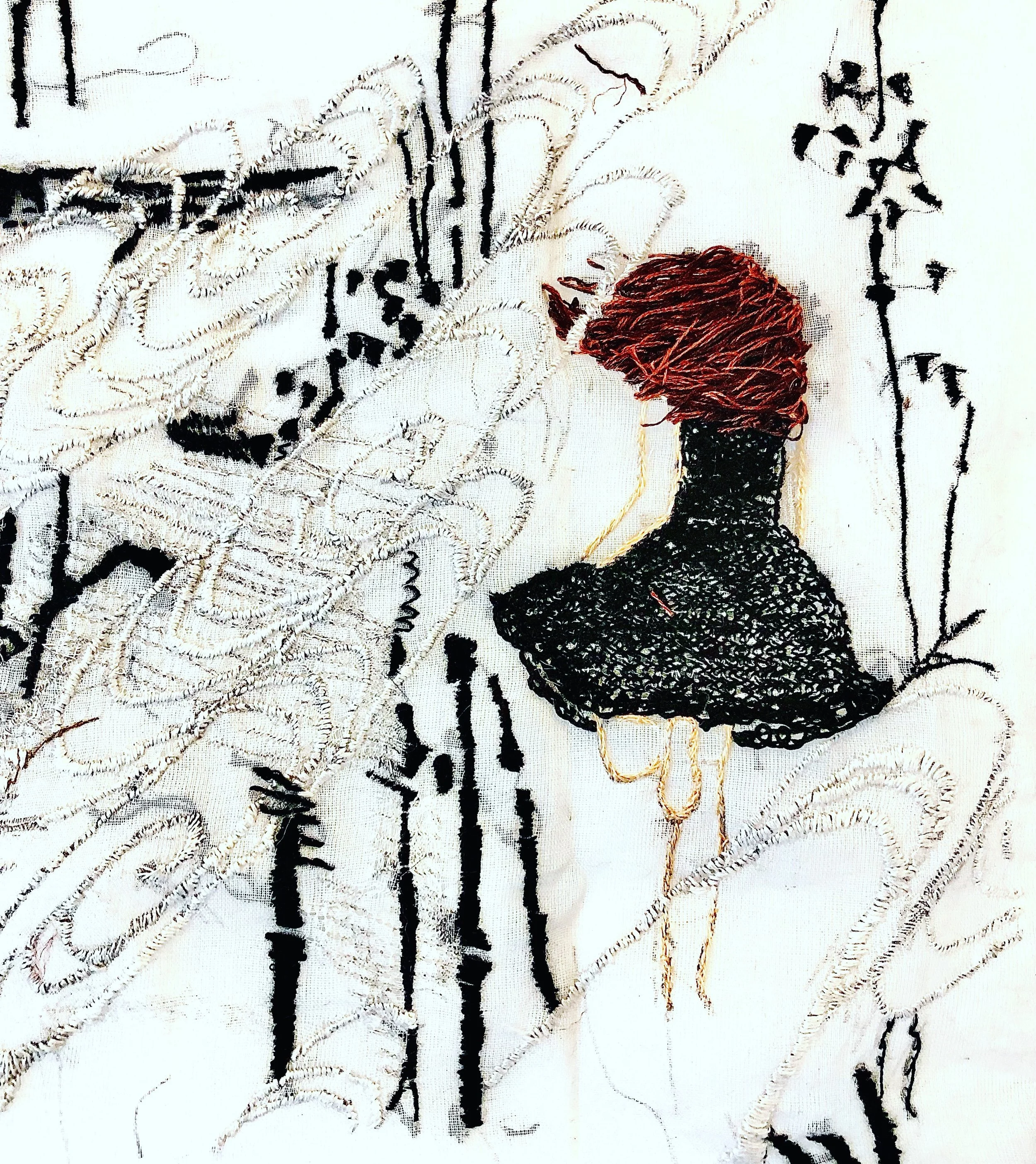 Girl Running from White Void
Embroidery on cotton voile, 18×20 inches.