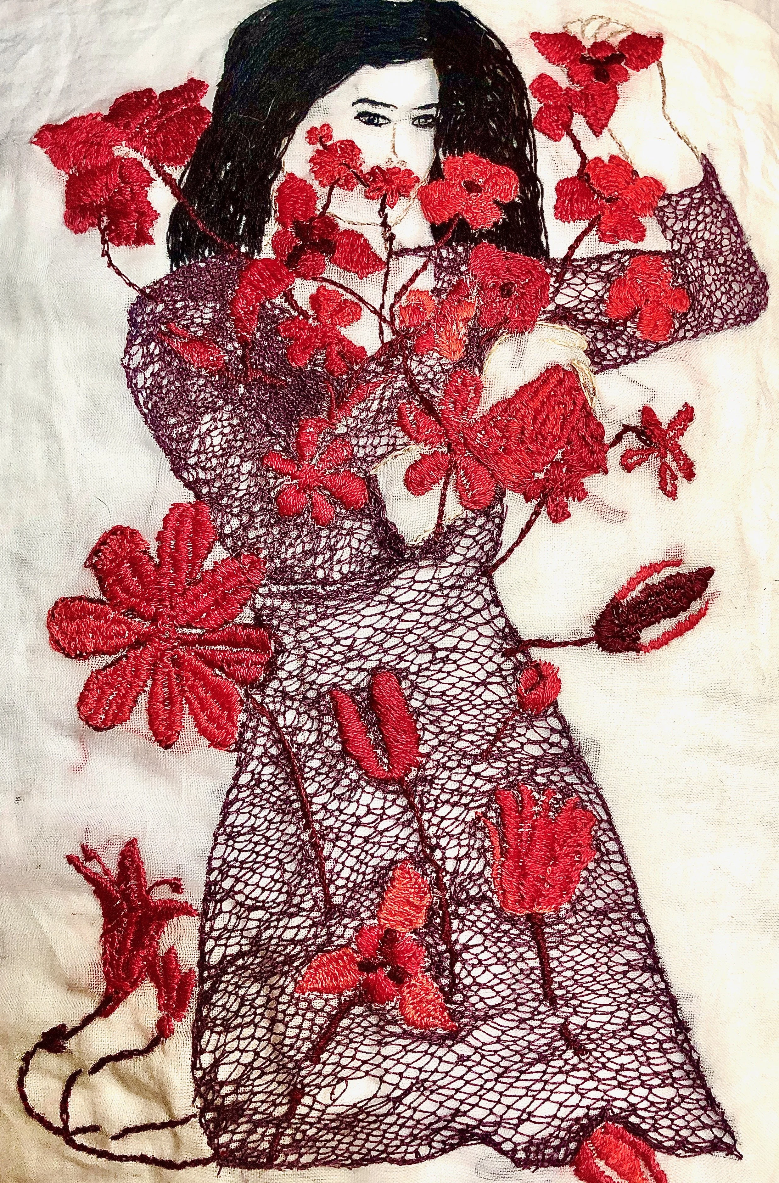 Woman Invaded by Flowers II
Embroidery on cotton voile, 18×20 inches.