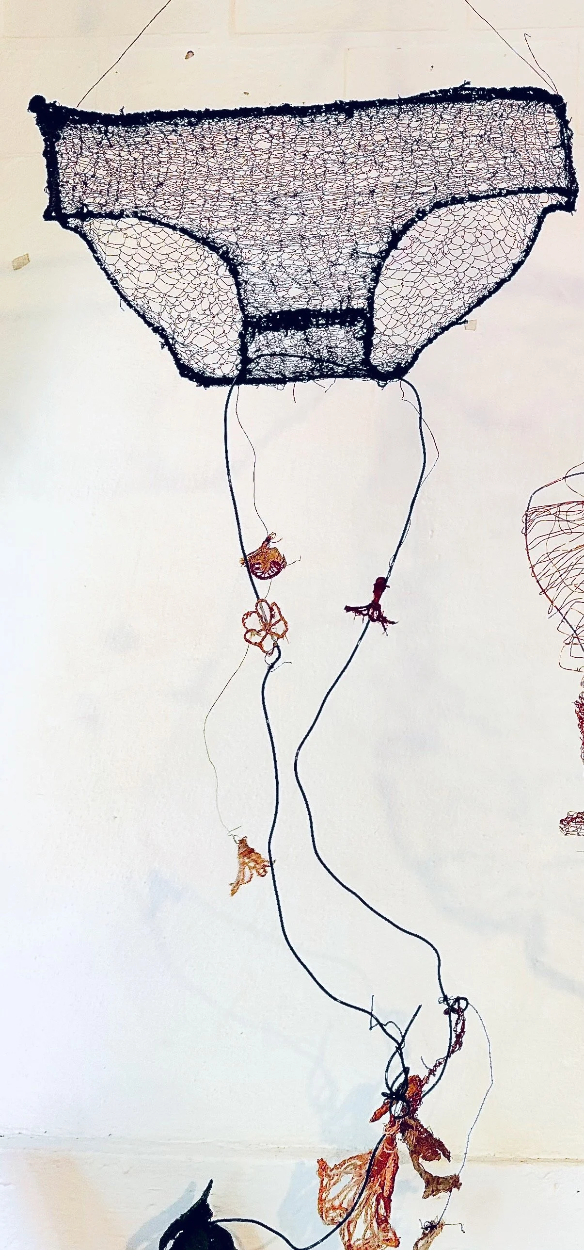 "End of a Manic Episode" 
Wire underwear needle laced by hand with hand embroidered flowers. 15x21x5 Inches.