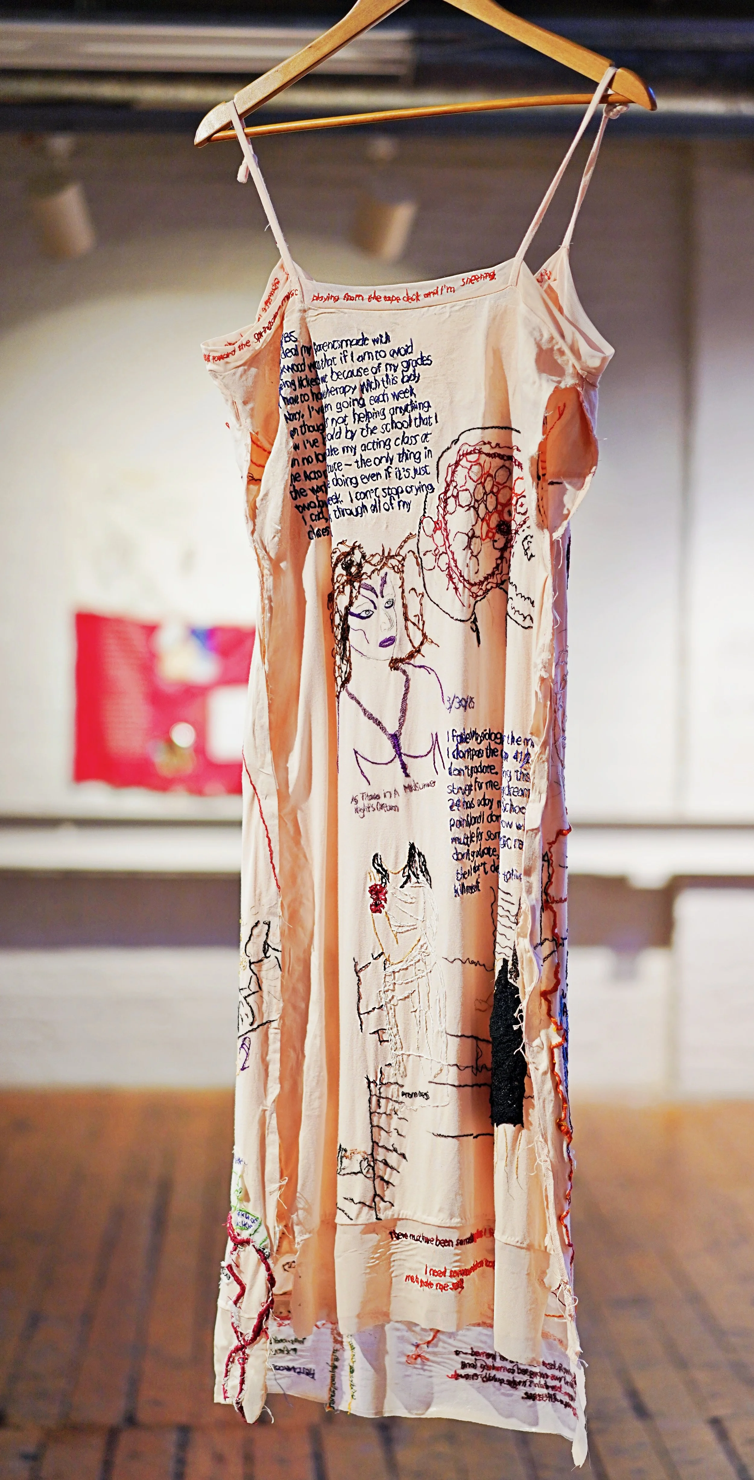 "Prologue: Los Angeles, Spring, 1985 [Back]
Hand embroidered on deconstructed cotton blend dress,18x52x1 inches..