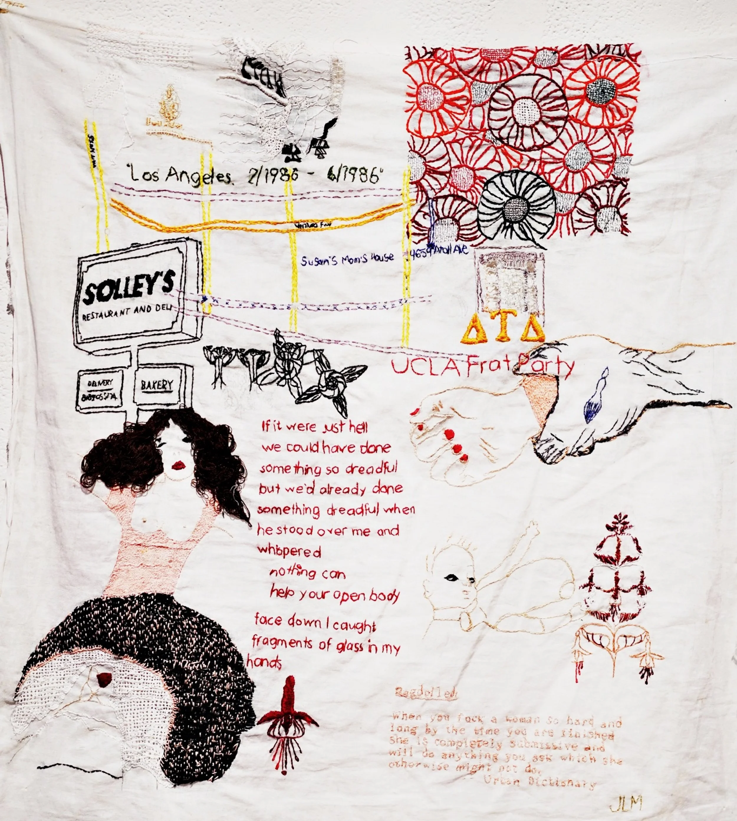 "Los Angeles, February-June 1986" 
Hand embroidered on cotton voile.