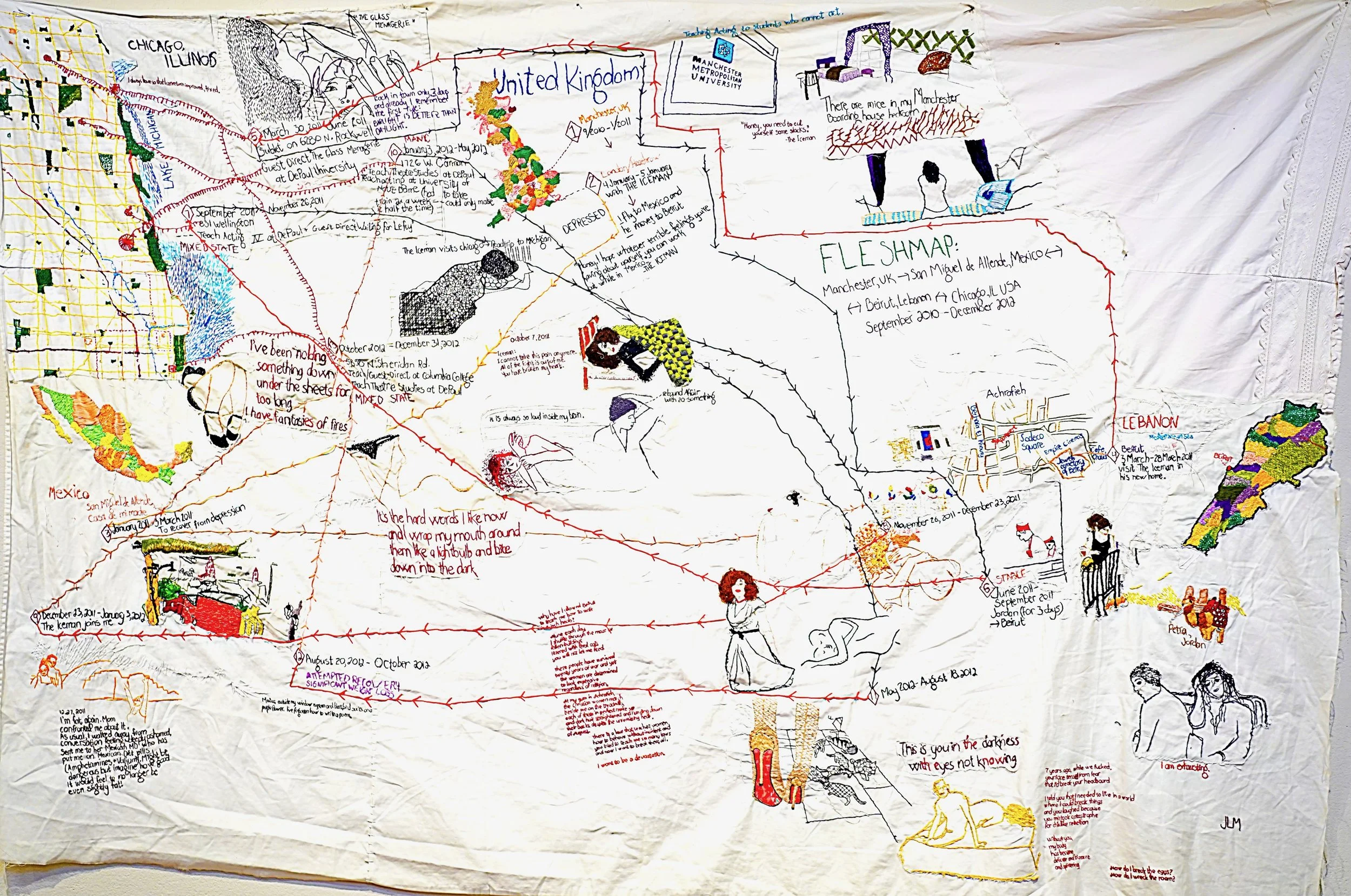 “ U K / M e xi co / L eb anon / C h i ca g o , S e pt emb er 2 0 1 0-D ecemb er 2 0 1 2”
Hand embroidery on deconstructed cotton bedsheet. 60 × 48 inches.