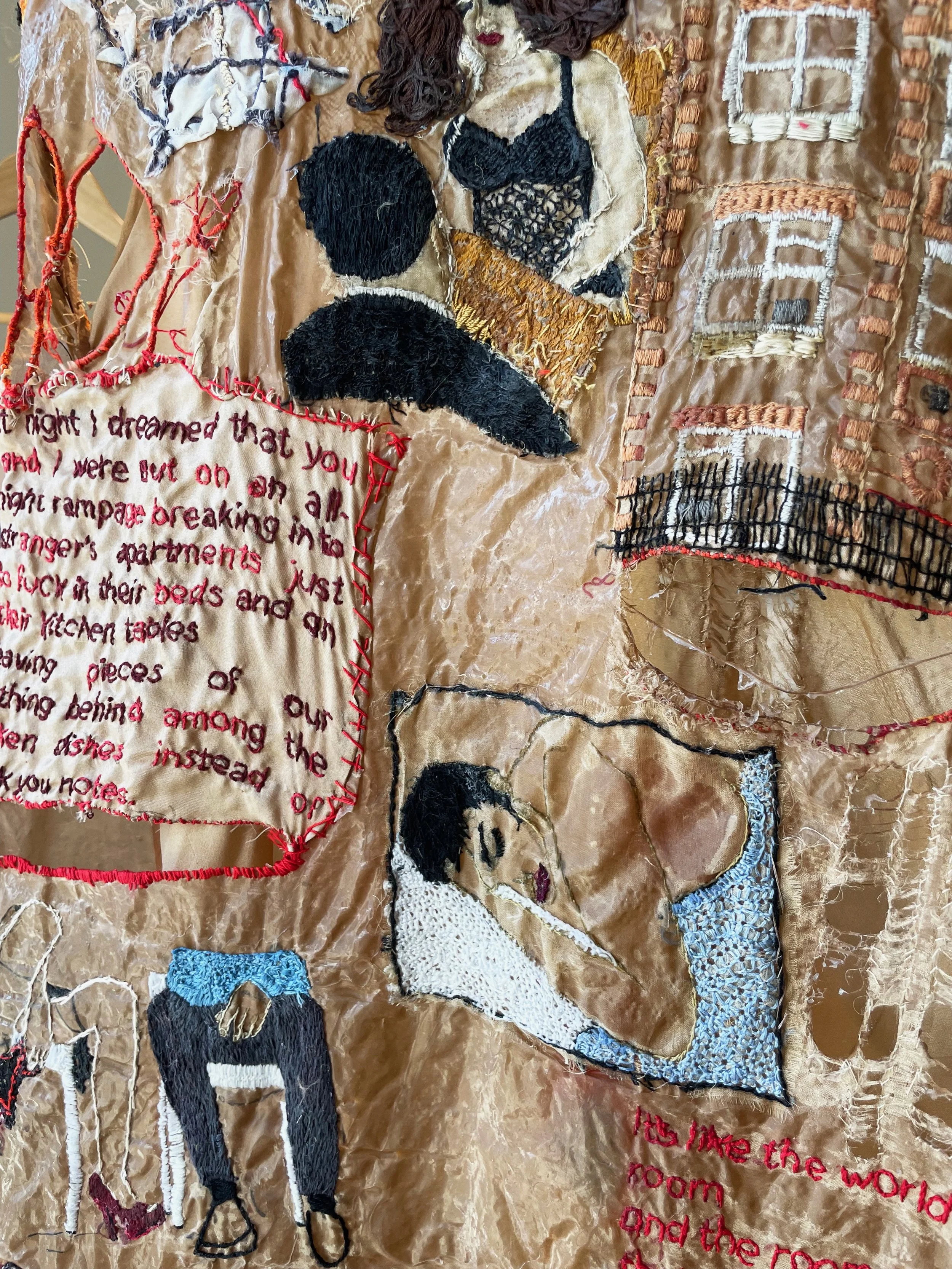 " C h i ca g o , S e pt emb er 1 9 9 3-M a y 1 9 9 5" []DETAIL]
Hand embroidery on silk, hand sewn and stiffened dress. 50 x 17 ×2 inches.