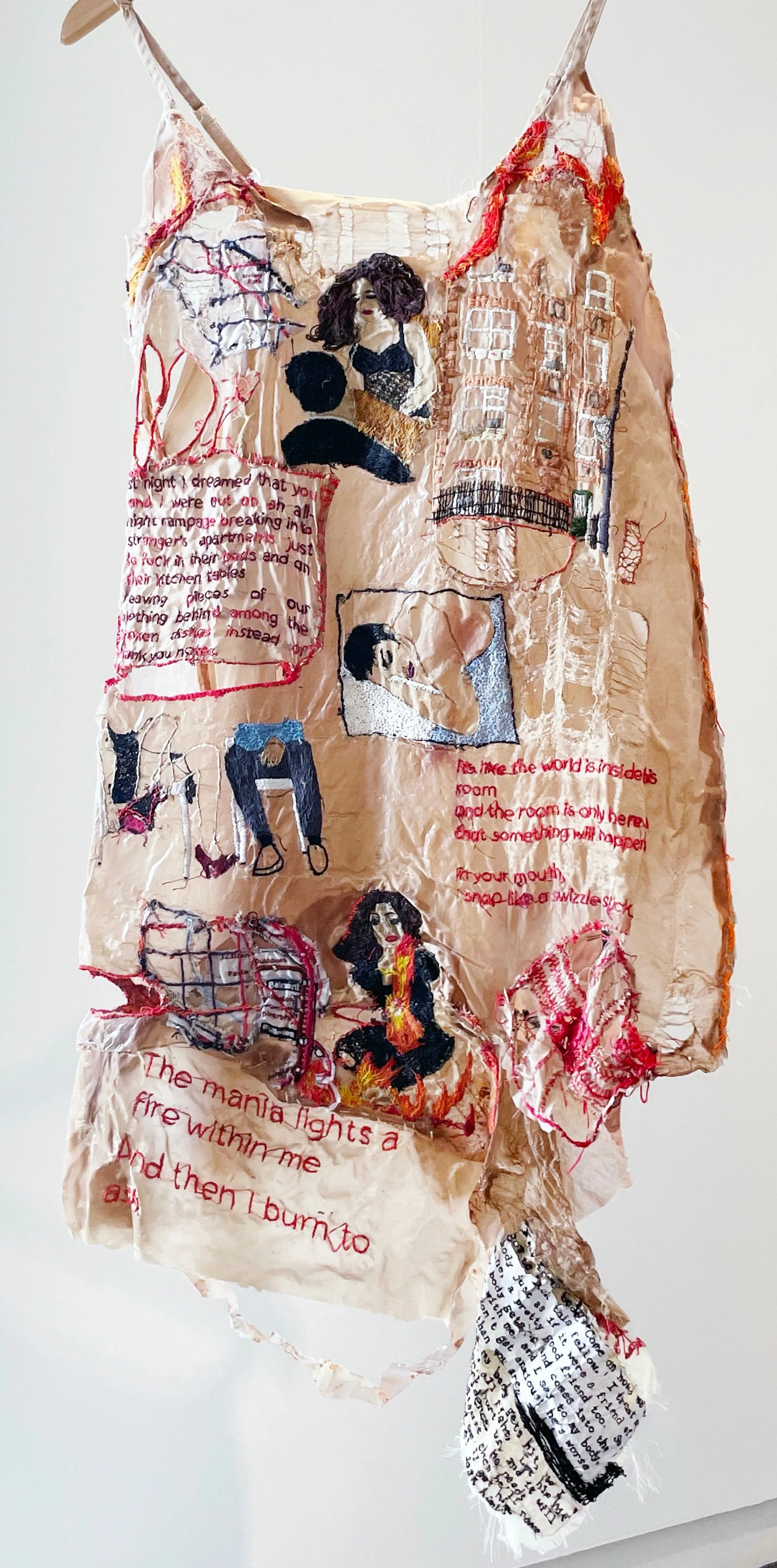 " C h i ca g o , S e pt emb er 1 9 9 3-M a y 1 9 9 5" [FRONT]
Hand embroidery on silk, hand sewn and stiffened dress. 50 x 17 ×2 inches.