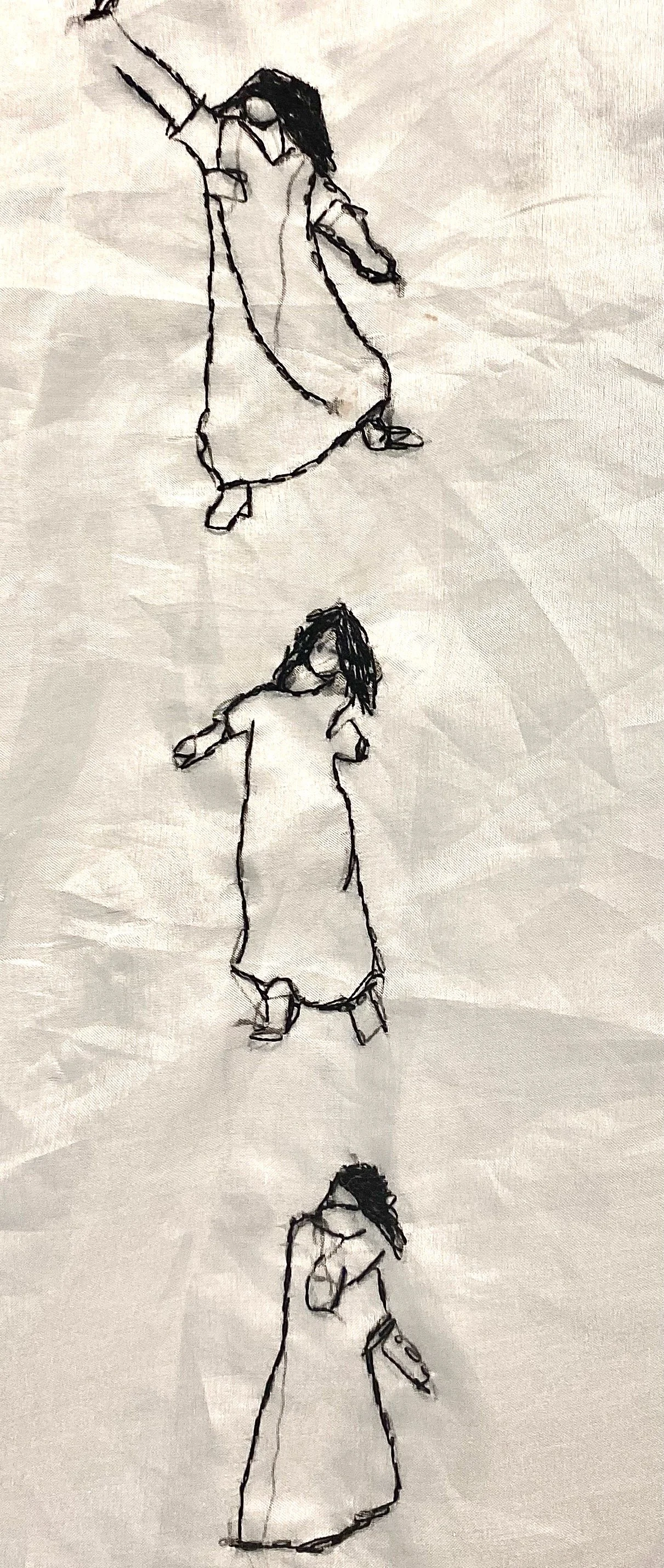 "Dr. Charcot's Hysterical Women" [DETAIL]
Hand embroidered on silk organza .  42×22. Inspired by Dr. Jean-Martin Charcot’s 1880 chart.