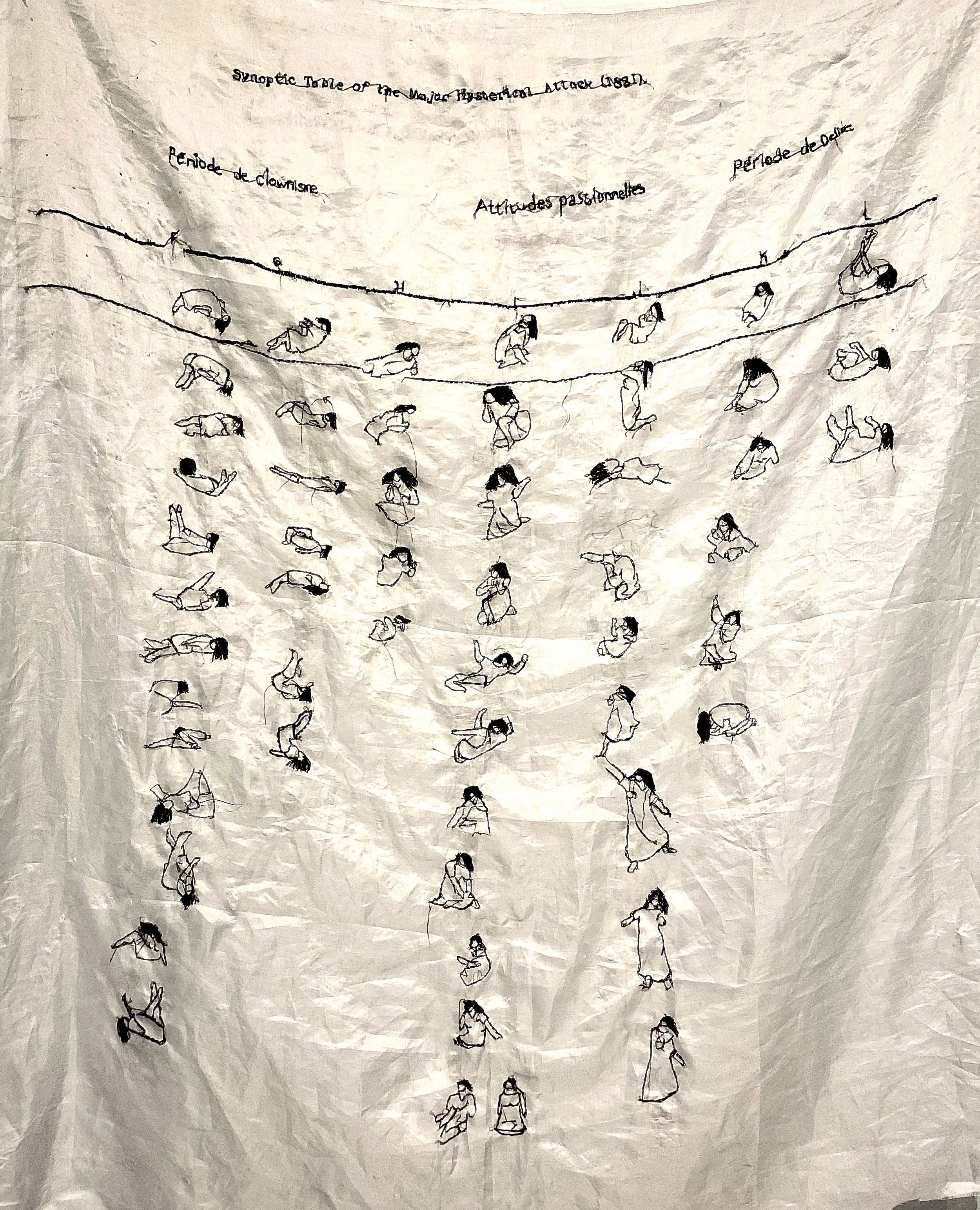 "Dr. Charcot's Hysterical Women" Hand embroidered on silk organza . Inspired by Dr. Jean-Martin Charcot’s 1880 chart. 42×22 inches.