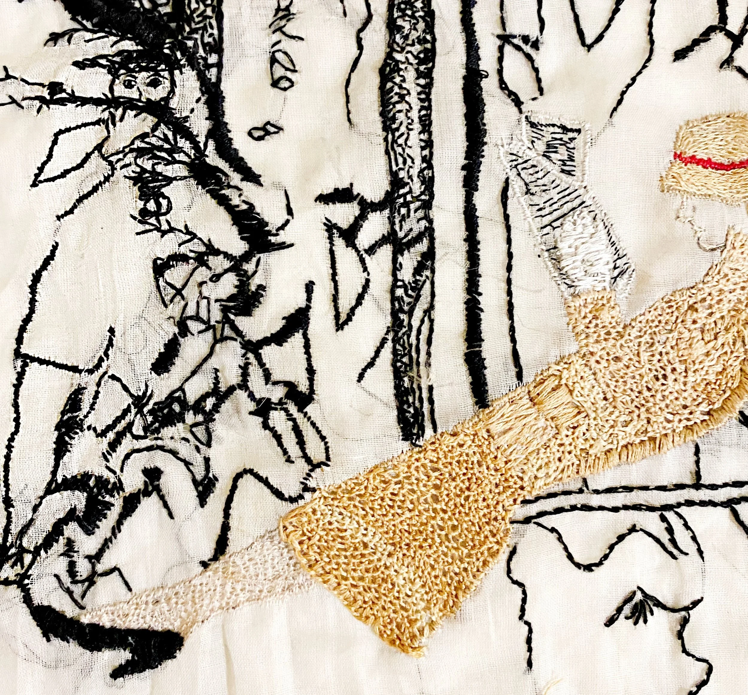 Man Spying from Behind a Tree
Hand embroidered on cotton voile, 8×10.