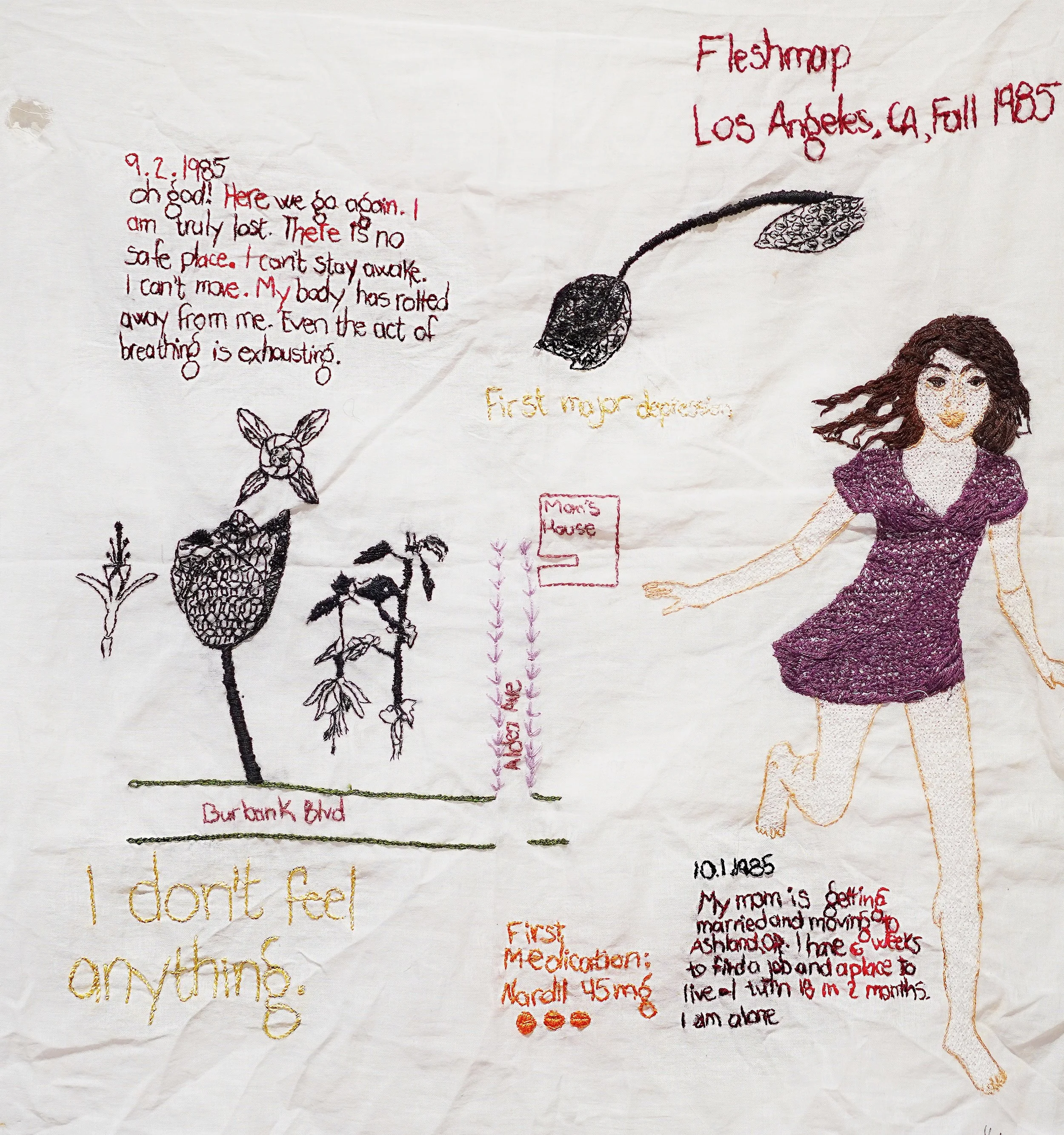 "Los Angeles, August-November, 1986
Hand embroidery on cotton voile.