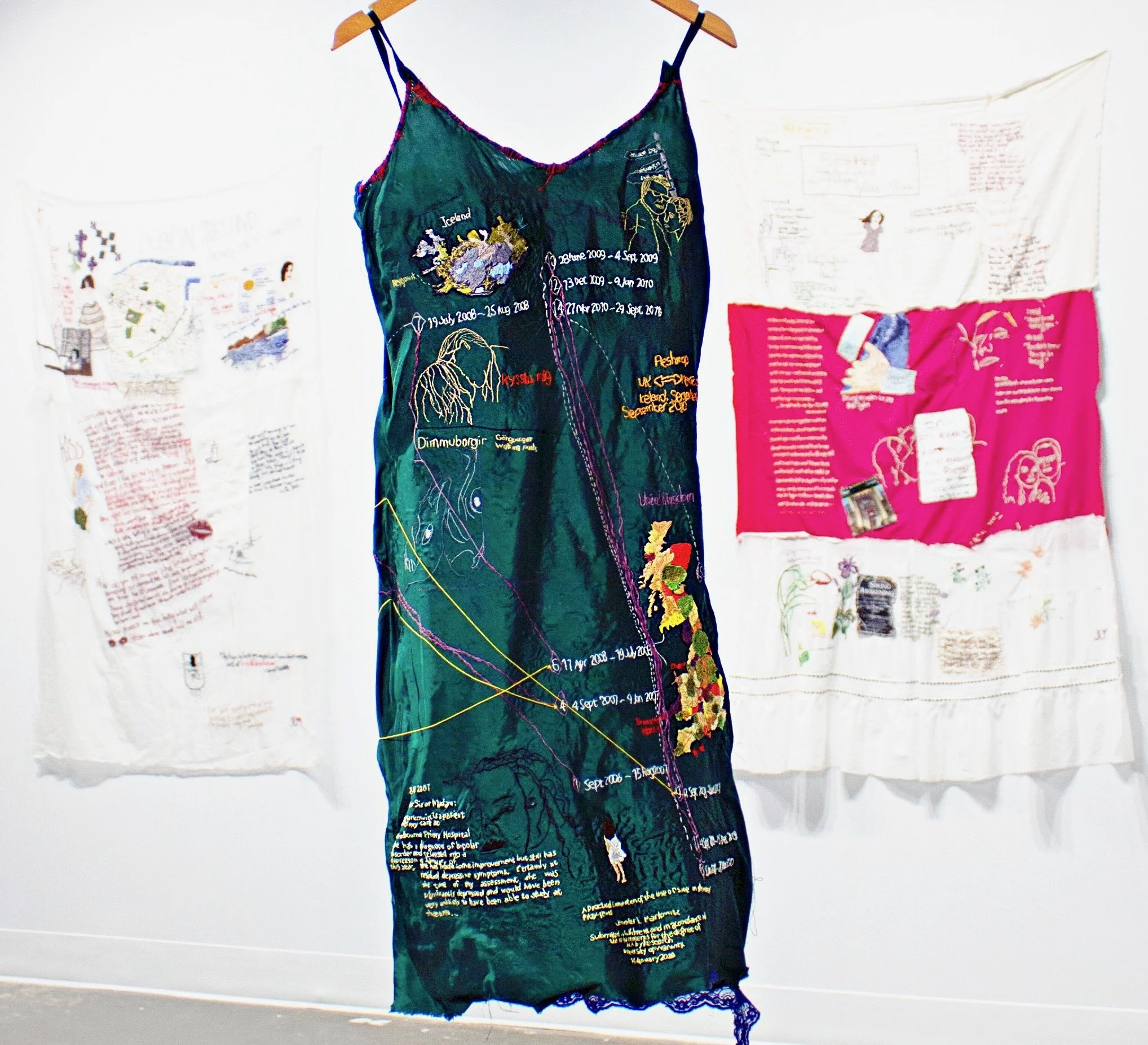“ U K / I cel and / M e xi co , S e pt emb er 2 0 0 7- S e pt emb er 2 0 1 0”[FRONT]
Hand embroidery on deconstructed silk dress, 15x32x4 Inches.