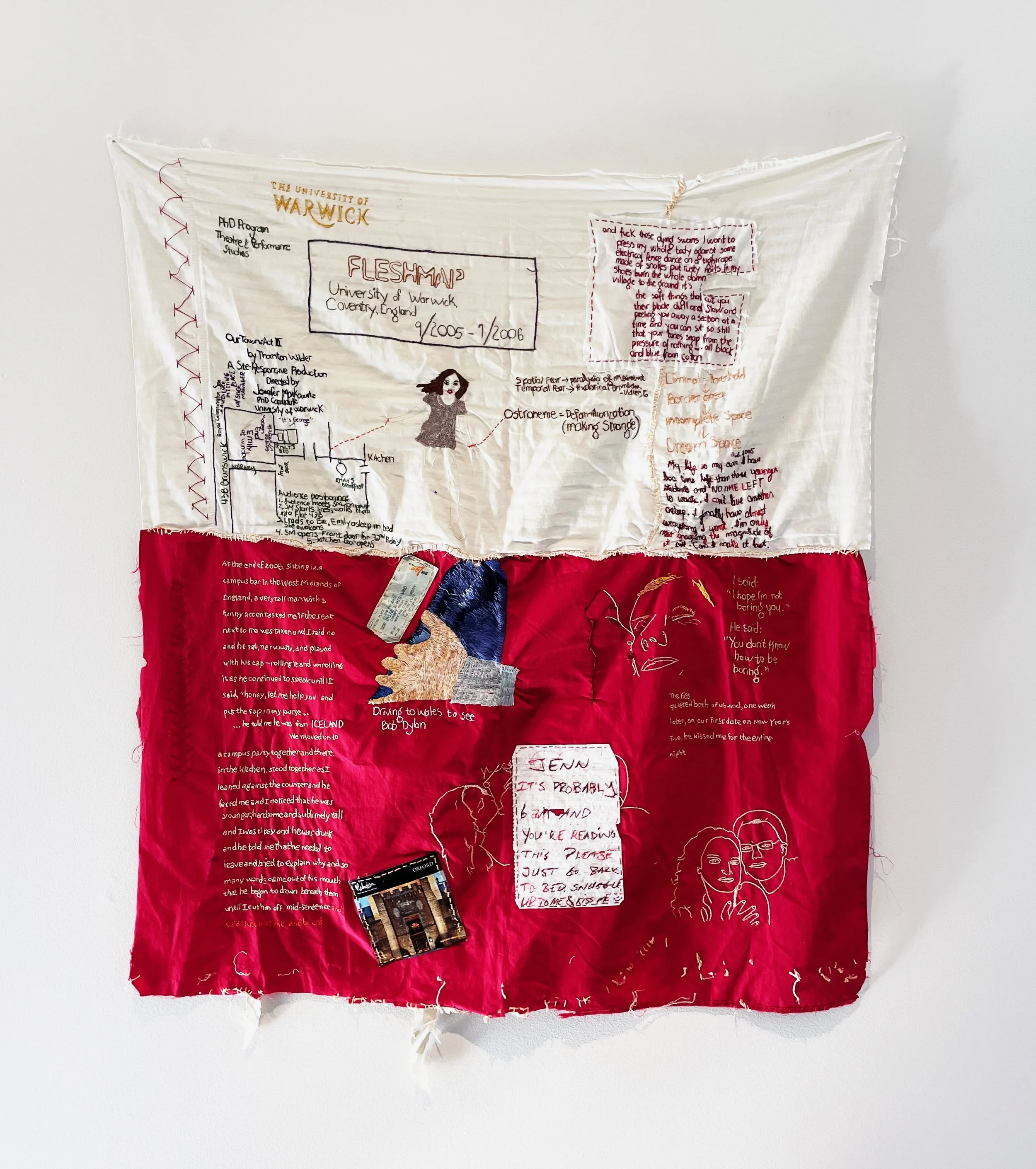 " C ov ent r y , U K , S e pt emb er 2 0 0 5-J ul y 2 0 0 6"
Hand embroidered on deconstructed cotton bedsheets.