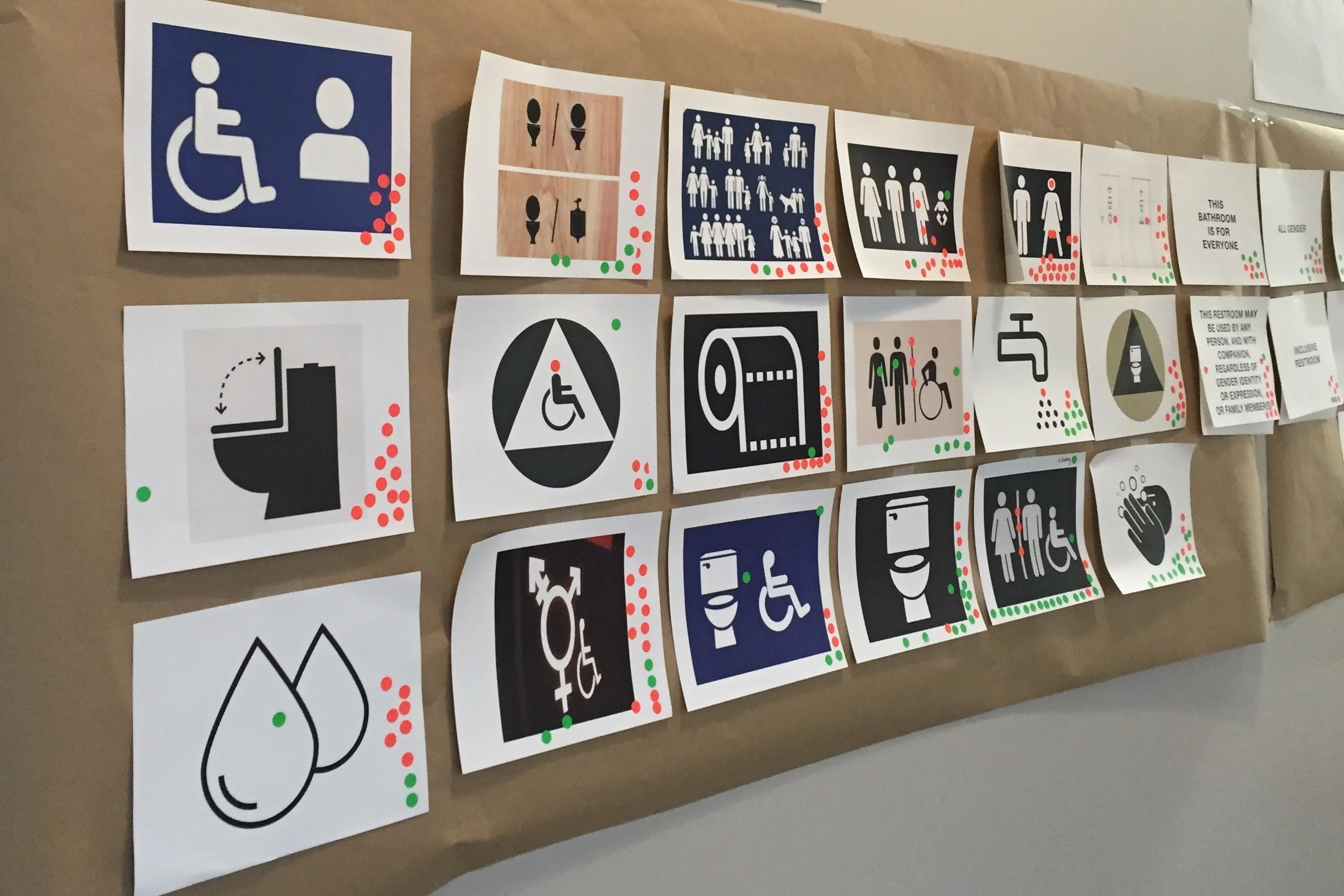 Focus group participants react to precedent symbols and messaging. A green dot indicates a positive reaction, red indicates a negative reaction.