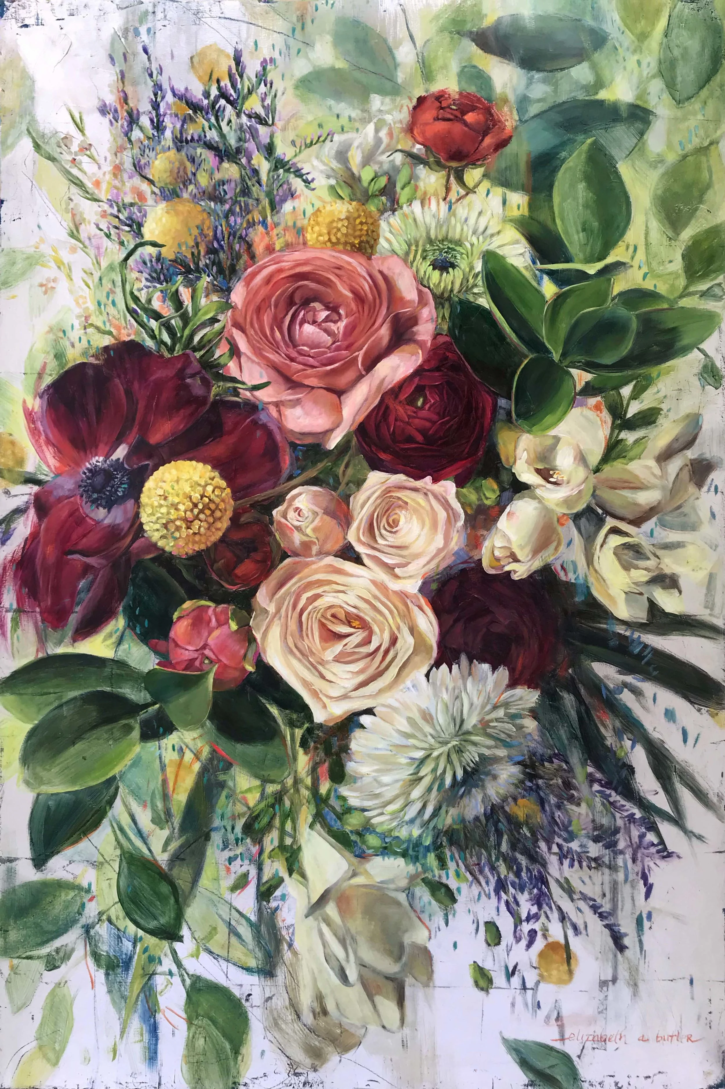 Spring Bouquet: Pink Roses, Purple Status, Green Leaves, on Silver