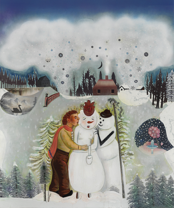 A Winter Interlude (love at first sight), 66" × 54", mixed media and collage on canvas, 2013