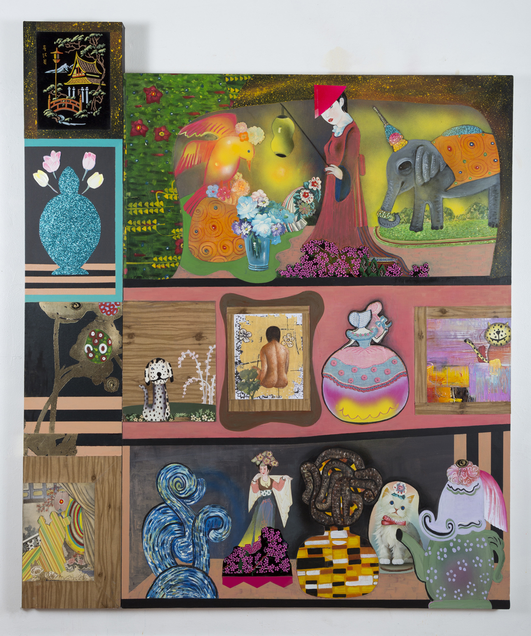 The Collector's Wife's Collection (All That She Owns), 71" × 60, mixed media and collage on canvas, 2016