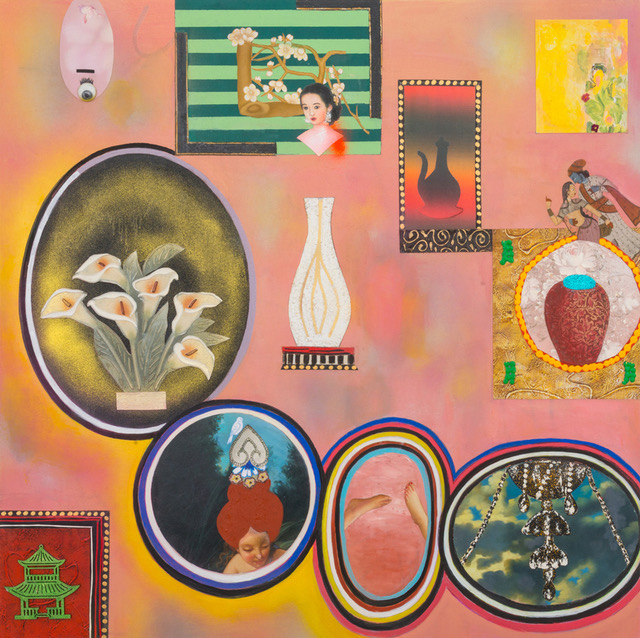 Flaubert’s Collection (Madame Bovary’s Peach Wall By The Red Chinese Chair), 48" × 48", mixed media and collage on canvas, 2016