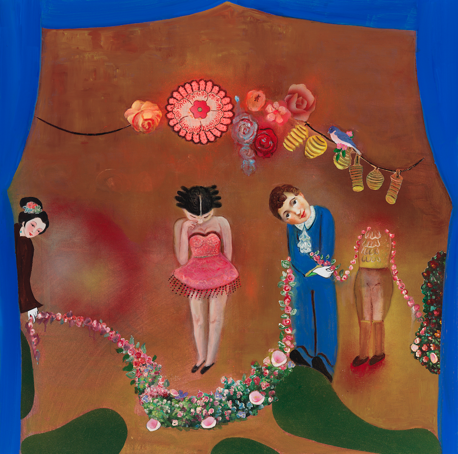 In Praise Of Folly—The Garland Presenter, 36" × 36", mixed media and collage on canvas, 2013